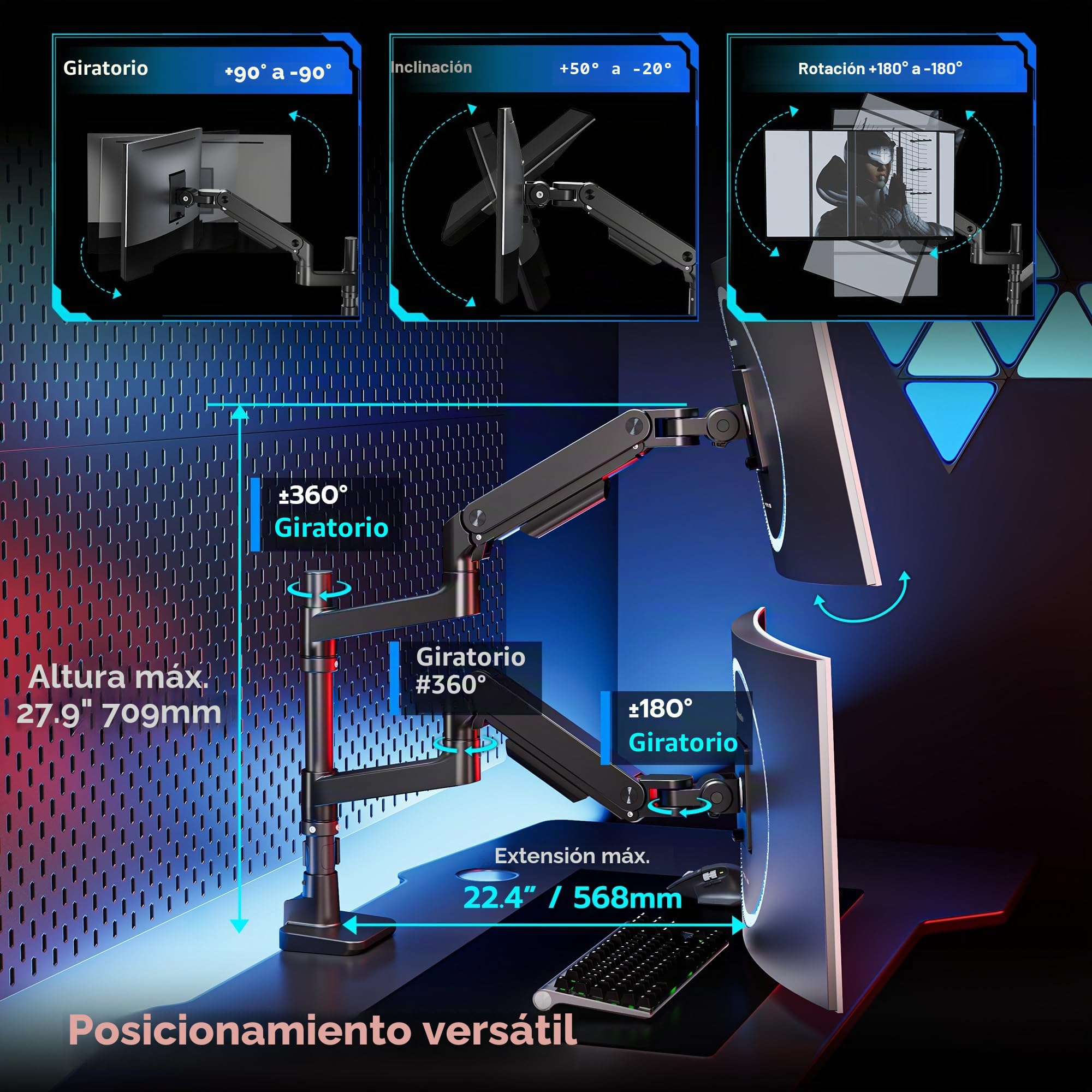 ARES WING Soporte Monitor para 2 Monitores de 17-49", Negro | Brazo Monitor Carga máx. 20 kg/brazo, Soporte Escritorio Altura Regulable, VESA 75/100 mm