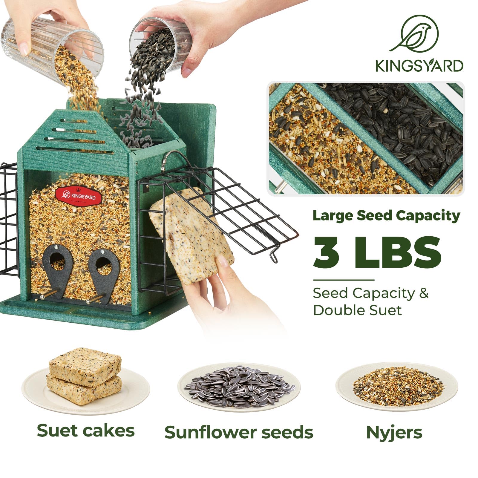Kingsyard Comedero para pájaros 3 en 1 para colgar al aire libre, comedero doble de sebo de plástico reciclado con compartimento de malla de metal y techo resistente a la intemperie, gran capacidad de