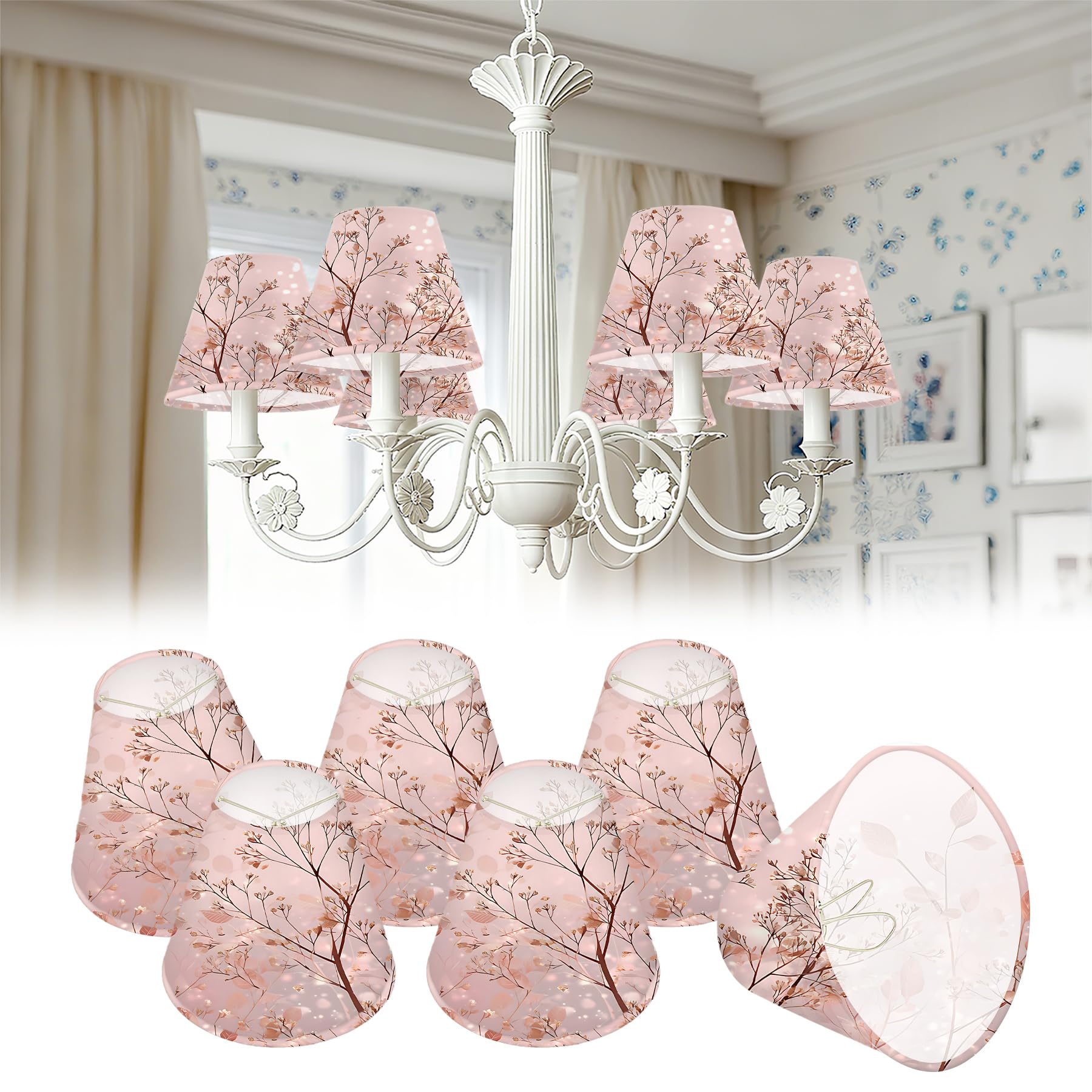 Set of 6 Mini Chandelier Lamp Shades, 3" Top x 6" Bottom x 5" Slant HD Printing Geometric Floral Leaves Marble Lampshade, Small Lamps shade, Modern Lampshade Decor (Pink trees, 3" x 6"x 5")