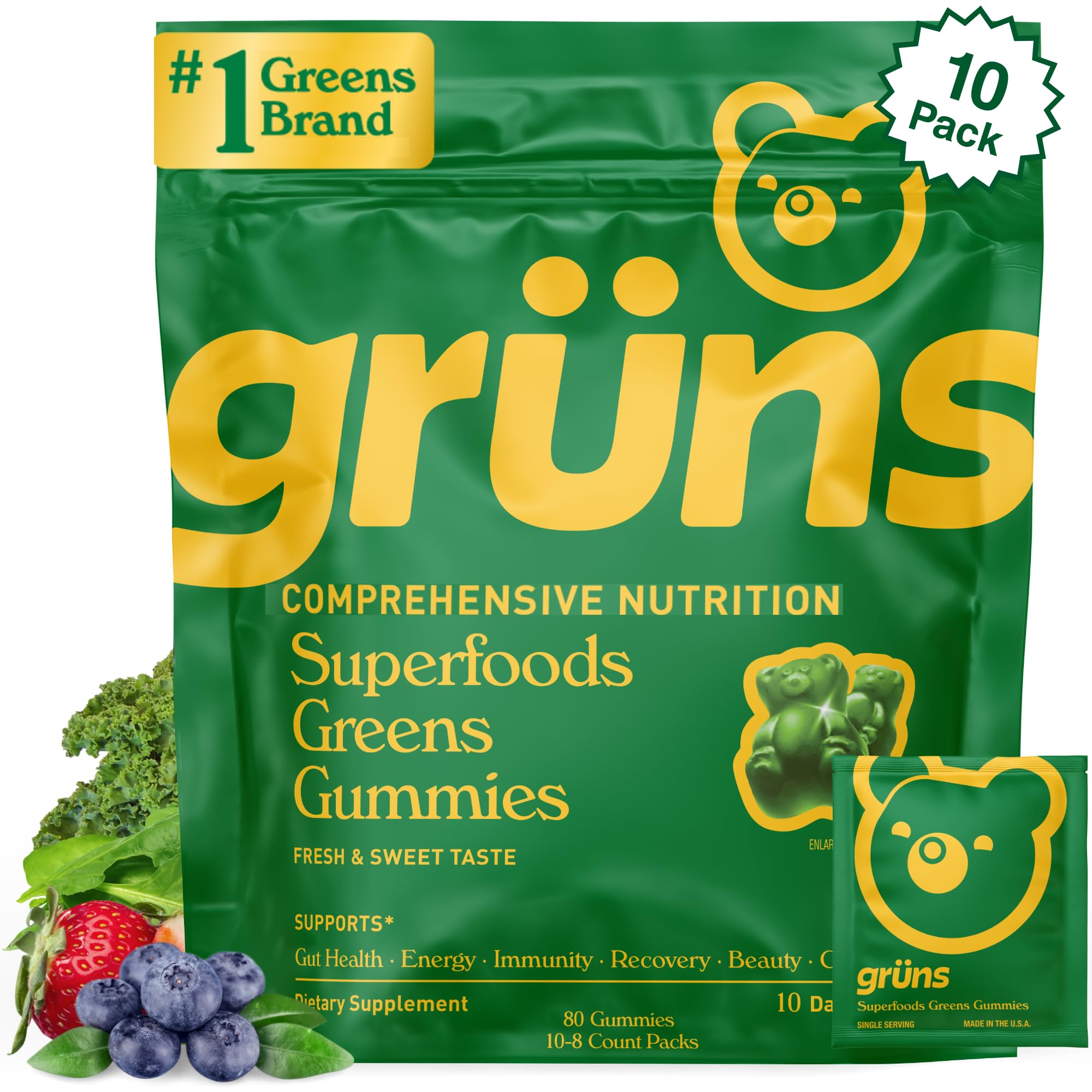 Gruns Adult Super Greens Gummies, 10 Pack, Superfood Gummy Bears with Spirulina, Chlorella & Prebiotics for Digestive Health, Adaptogens Supplement with 20 Vitamins & Minerals, Low Sugar