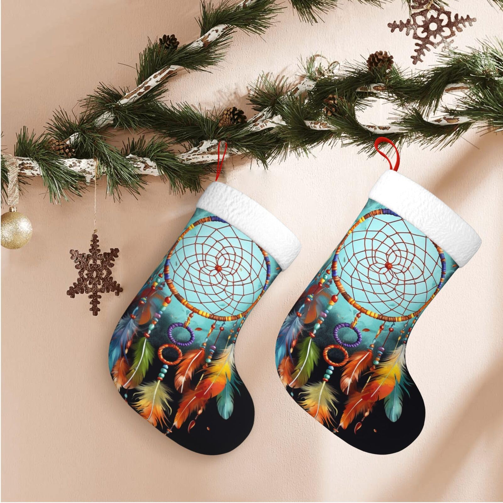 Feathers Dream Catcher Christmas Stockings Velvet Xmas Fireplace Hanging Stocking with Plush Cuff Rustic Christmas Santa Stockings for Home Christmas Decorations Party Favor Supplies