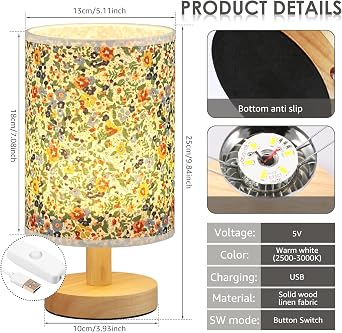 Bedside Table Lamp, Vintage Small Bedside Night Lamp with Linen Fabric Lampshade and Wooden Base, Classic On/Off Switch and Warm Light LED Bulb for Bedroom Living Room Hotel (Style 3) [Energy Class G]