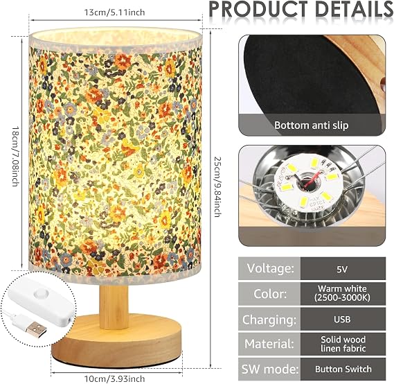 Bedside Table Lamp, Vintage Small Bedside Night Lamp with Linen Fabric Lampshade and Wooden Base, Classic On/Off Switch and Warm Light LED Bulb for Bedroom Living Room Hotel (Style 3) [Energy Class G]