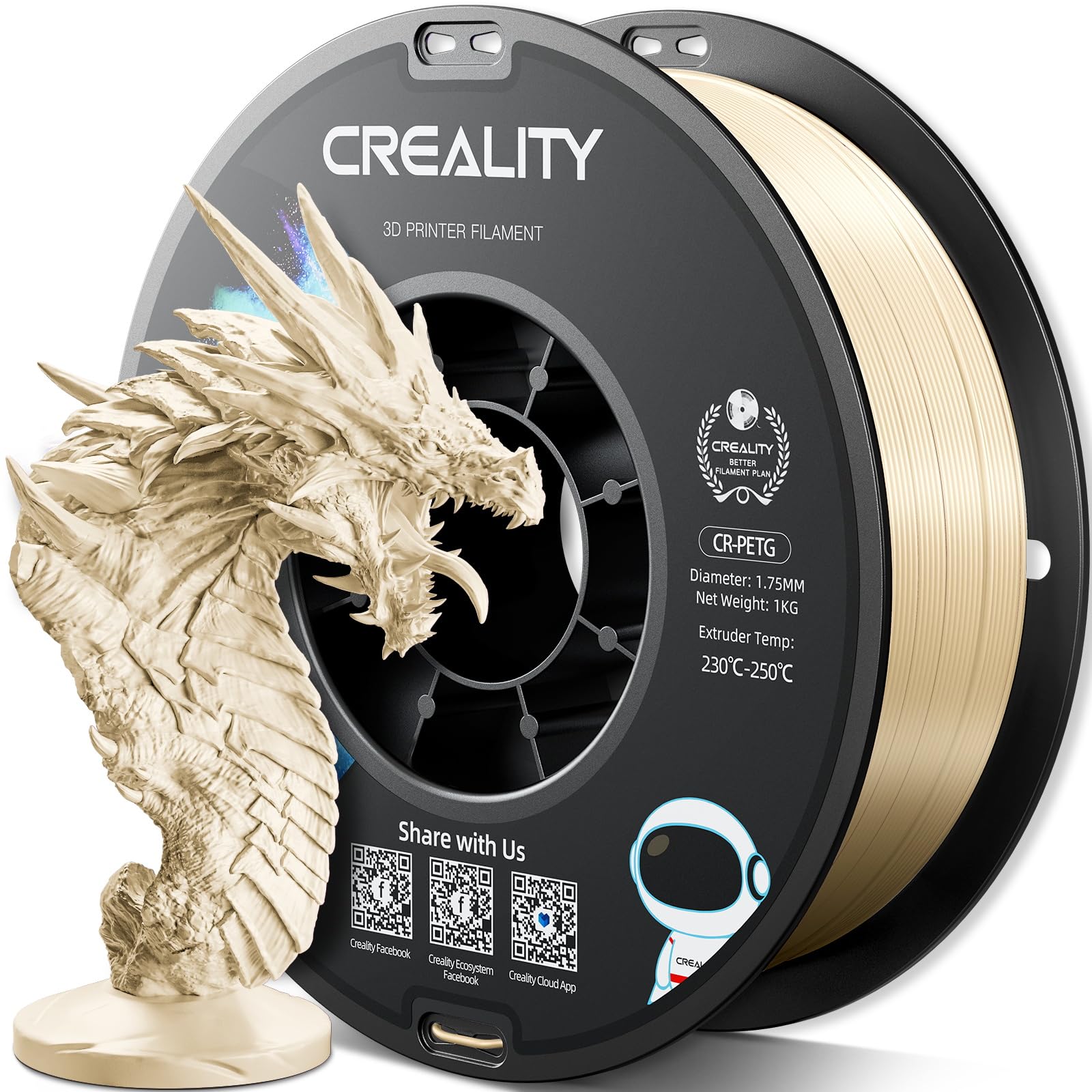 Creality PETG Filament 1.75mm, Hohe Präzision, Starke Zähigkeit, Geruchlos, Besserer Fluss, 1kg 3D Drucker Filament, 1.75mm Maßgenauigkeit +/- 0.02mm, PETG Beige