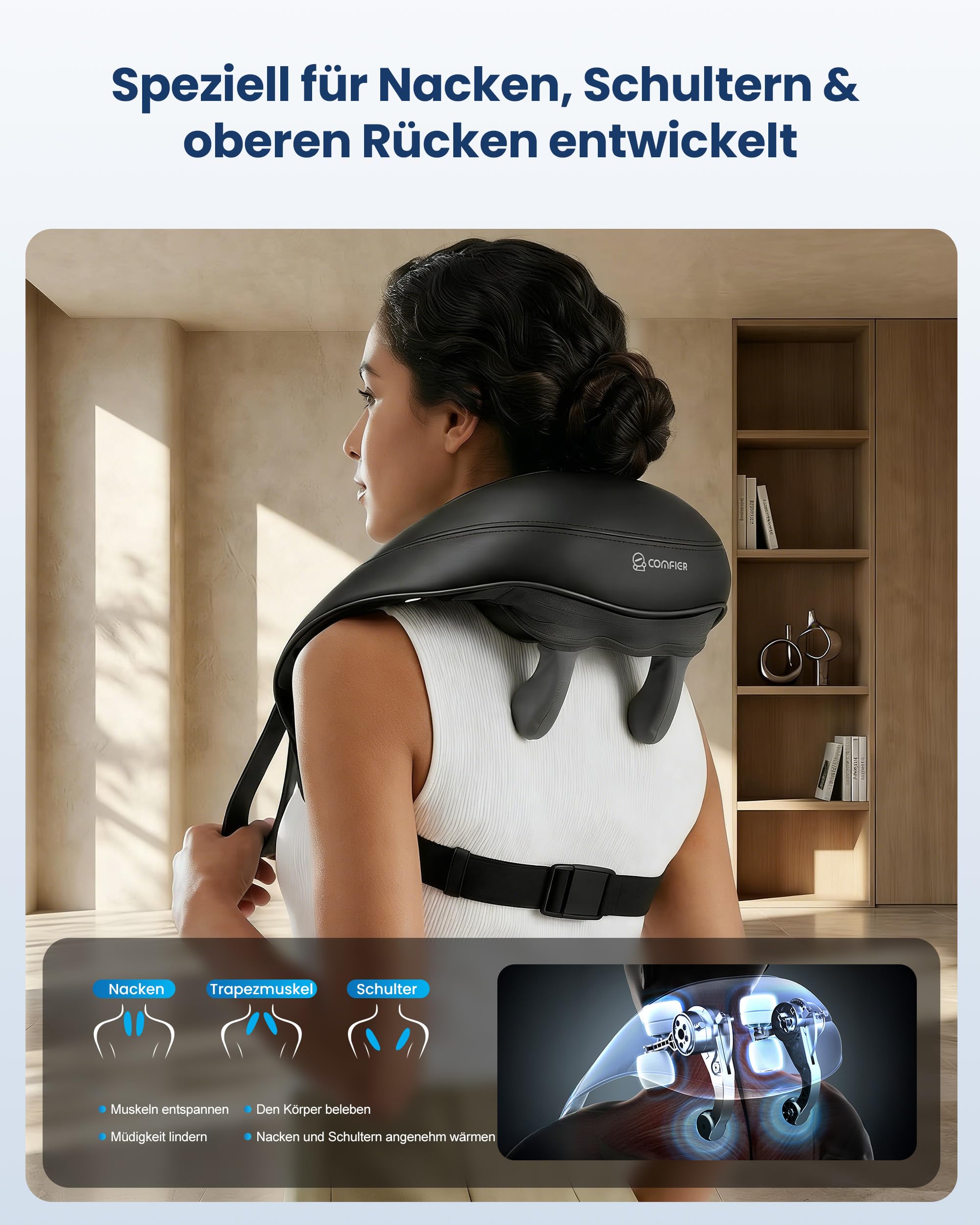 COMFIER Kabelloses Nackenmassagegerät mit Wärme | 4D Kneten Nacken und Schulter Massagegerät, Shiatsu Nacken Rückenmassagegerät Kissen, 2 Heizstufen, Geschenke für Mama Papa