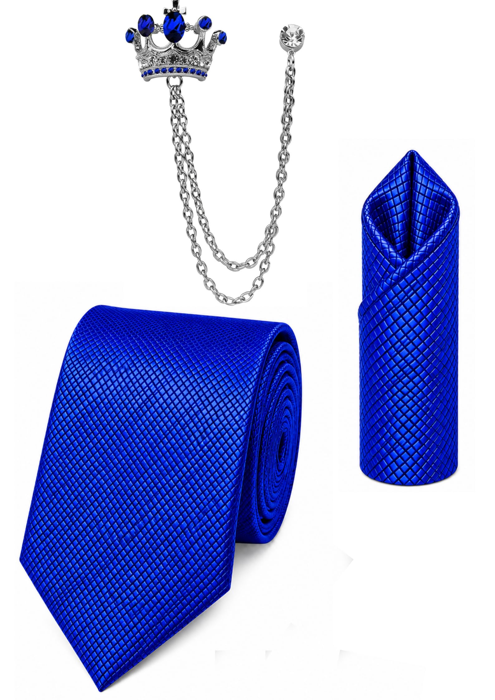 Random Stripe Stylish Men's Microfiber Necktie Set with Matching Hanky & Luxury Pearl Chain Brooch-image-49