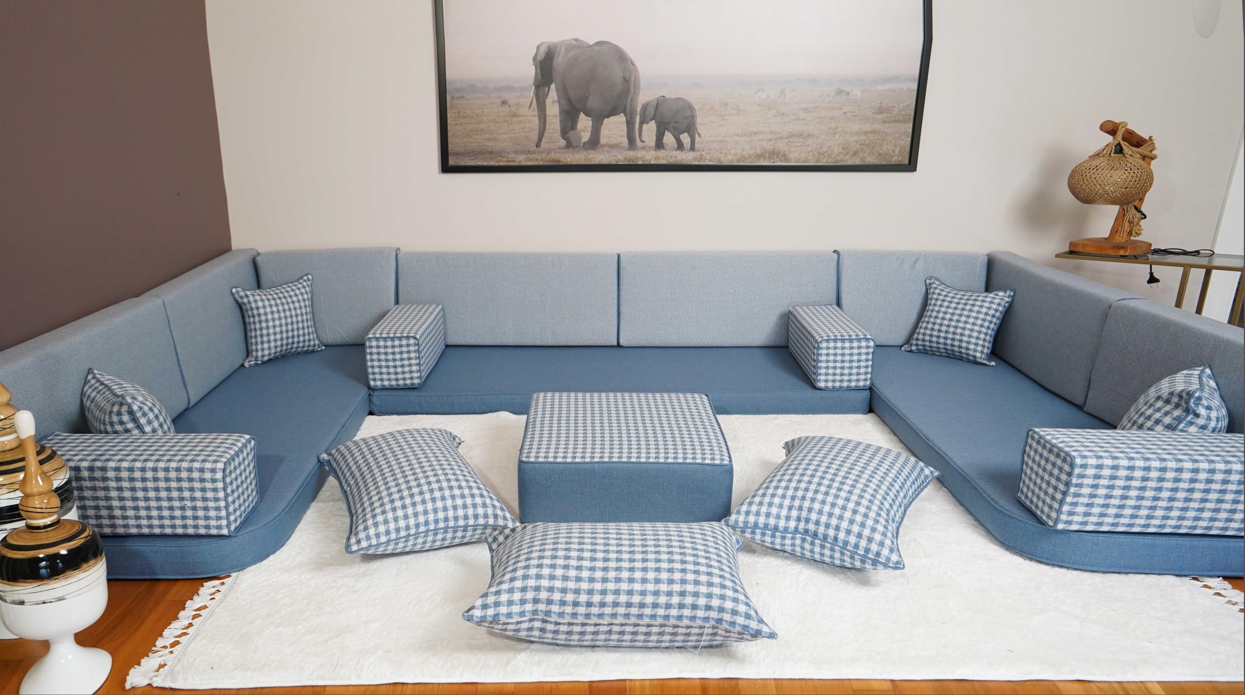 Arabic Floor Cushion, Majlis Sofa, Bench Cushion, Moroccan Sofa Set, Turkish Floor Sofa, Floor Seating, Sofa Set Living Room, Diwan Sofa (4'' Thickness Sofa, U Sofa + Ottoman + Pillows, Blue)