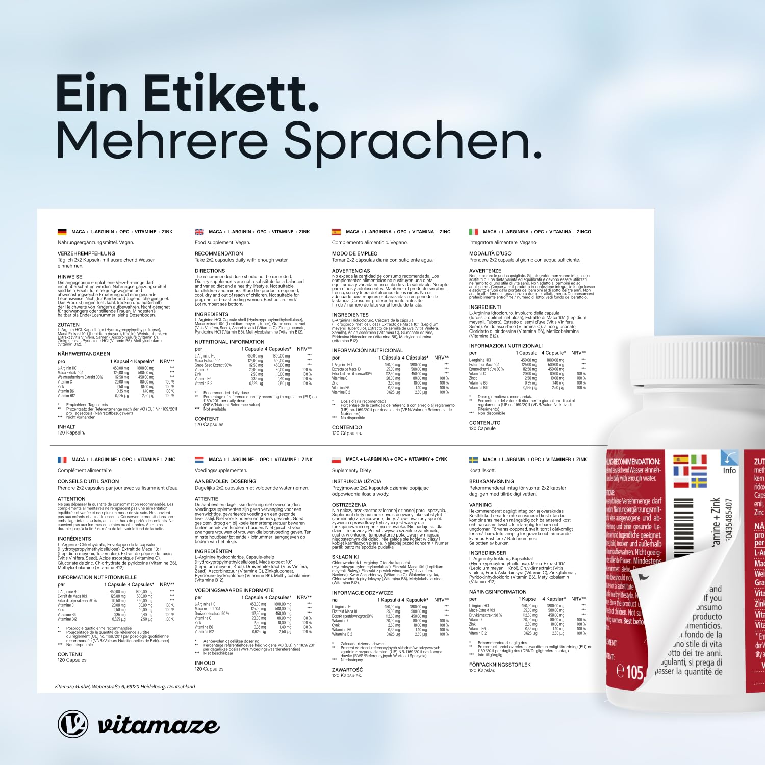 Maca Kapseln hochdosiert + L-Arginin + VITAL Formel B6, B12, OPC, Zink, 120 vegane Kapseln für je 1 Monat, deutsche Premium-Qualität