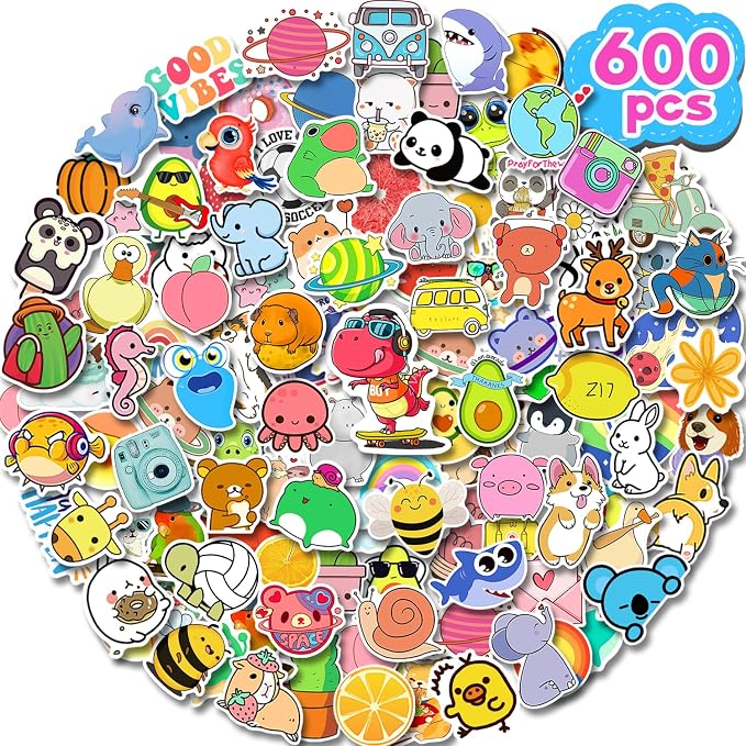Stickers for Kids, 600Pcs Water Bottle Stickers for Teens, Cute Vinyl Waterproof Aesthetic Scrapbook Halloween Stickers Pack for Laptop Computer, Kawaii Animal Stickers for Boys Girls Adults