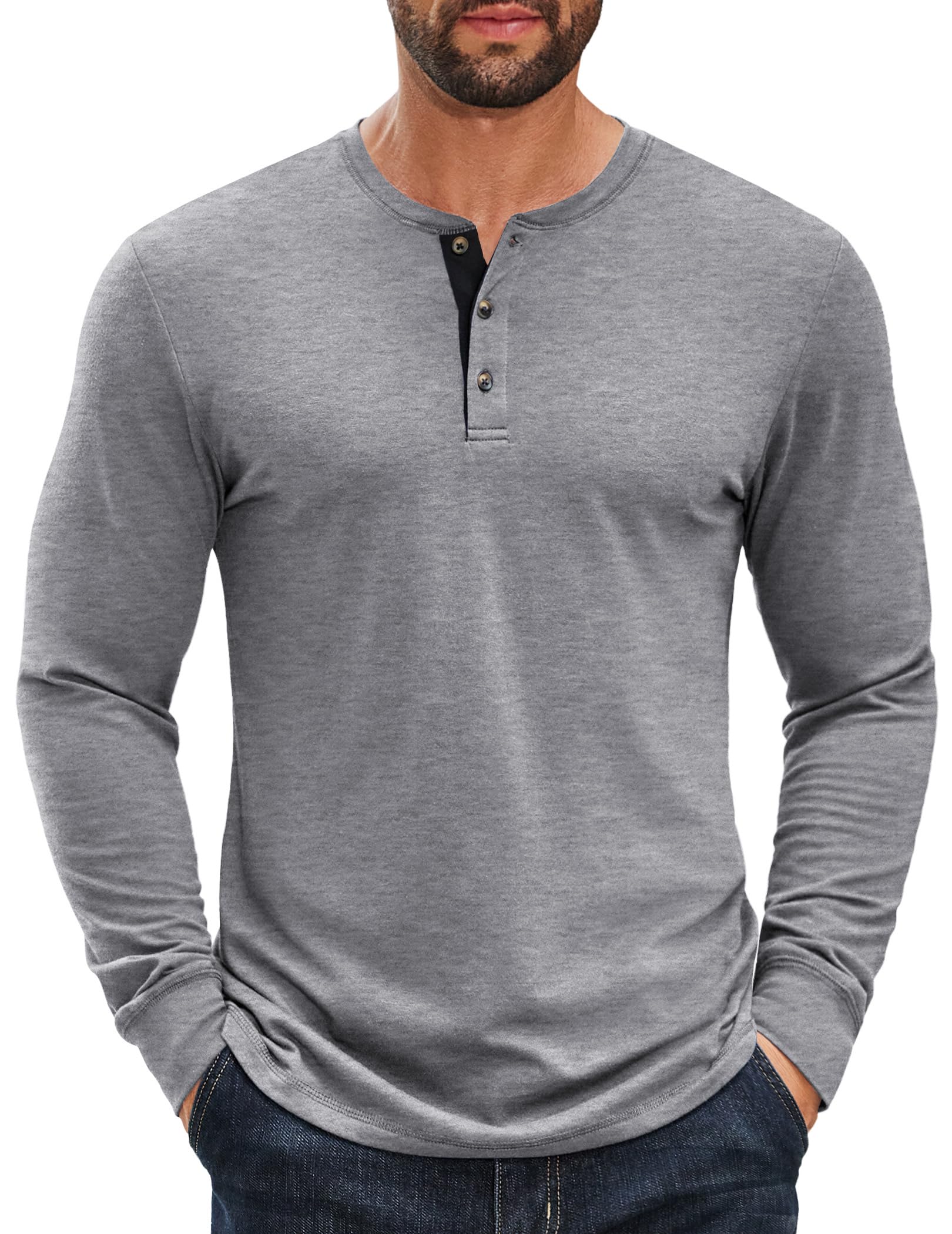 Men's Long Sleeve Henley Shirts Cotton T-Shirts Casual Pullover Shirt Soft Stretch Basic Tees Fall Tops