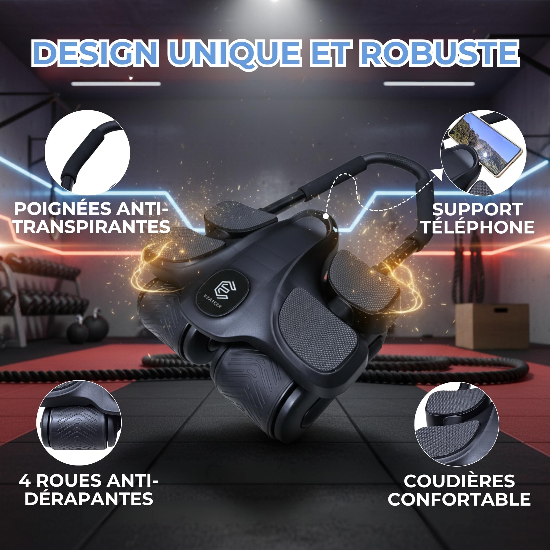 Roue Abdominale Assistée. Roulette Abdominaux robuste. Le Rouleau Abdominale Pour Hommes & Femmes. Roulette Abdos A Rebond Automatique. Adapté Au Gainage Avec Ses 4 Roues !