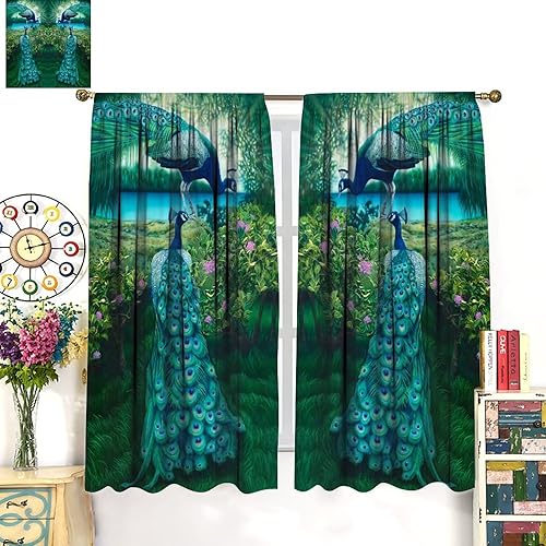 Miniatura 81 de Cortina opaca con estampado de pavo real, con estampado de animales retro, con bolsillo para cortinero y flores de peonía doradas, para dormitorio,