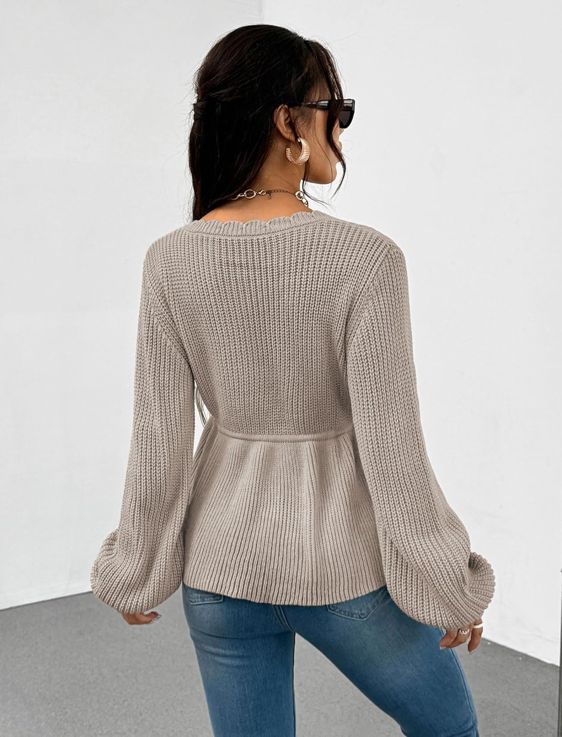 ZAFUL Women's Scallop Trim Deep V Neck Sweater Lantern Sleeve Tie Front Bow Peplum Knitwear Pullover Top - Image 5