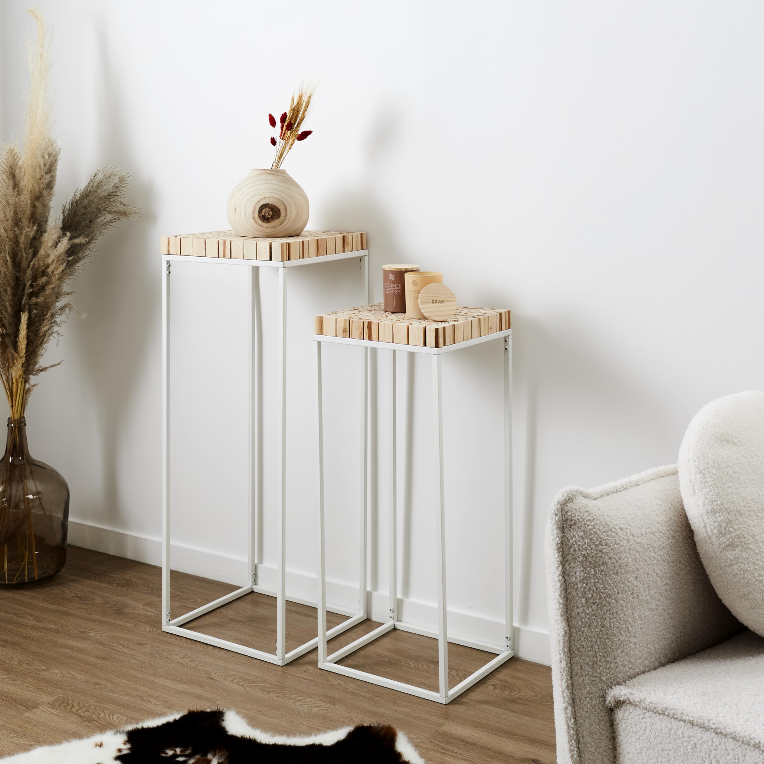 HOME DECO FACTORY Lot de 2 Sellettes Gigognes Bois et Métal Marron | Bois de pin et métal, lot de 2 sellettes gigognes, design contemporain, salon ou entrée, gain de place, 34x34x90 cm, marron