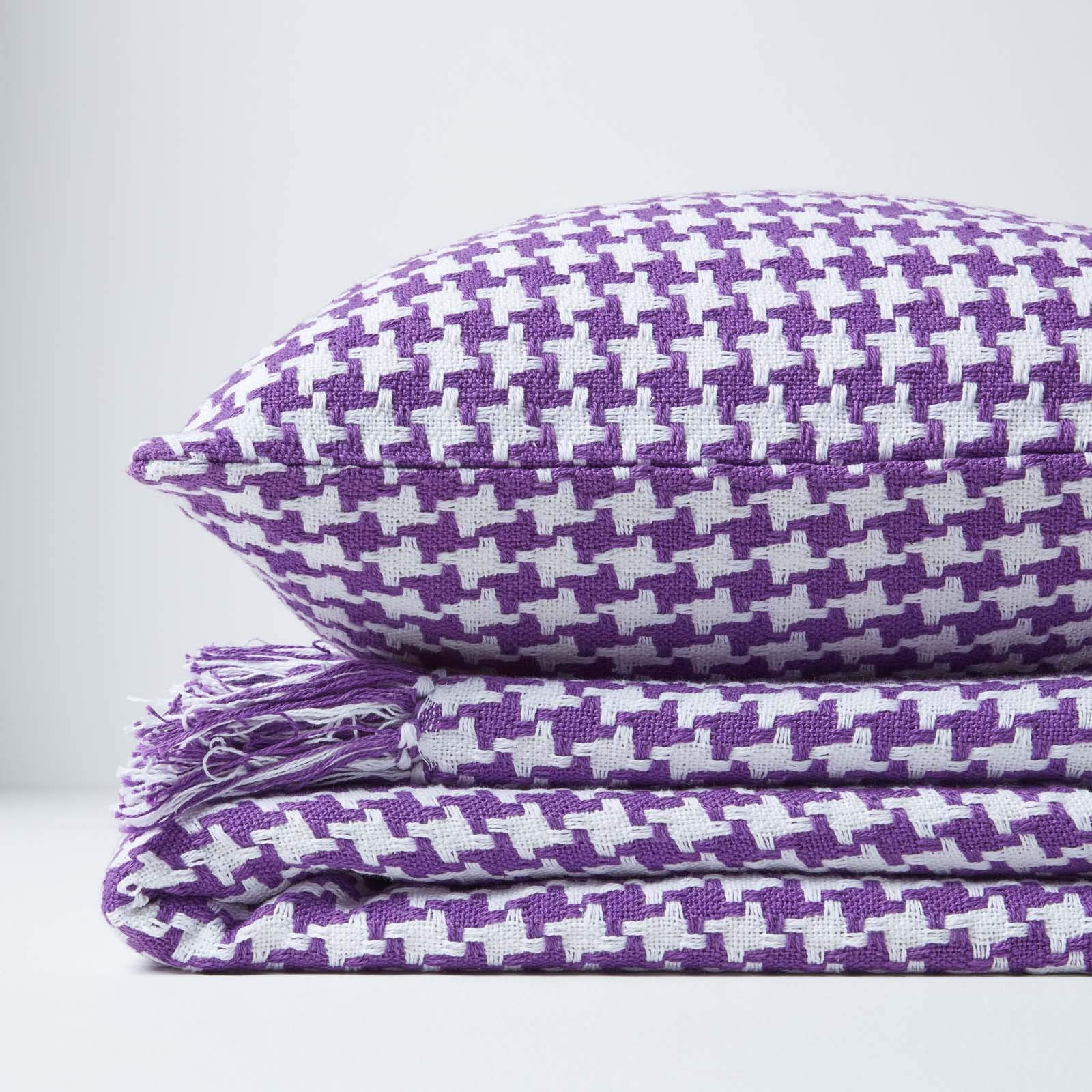 Federa per cuscino pied de poule blu, tessuto di cotone e lino