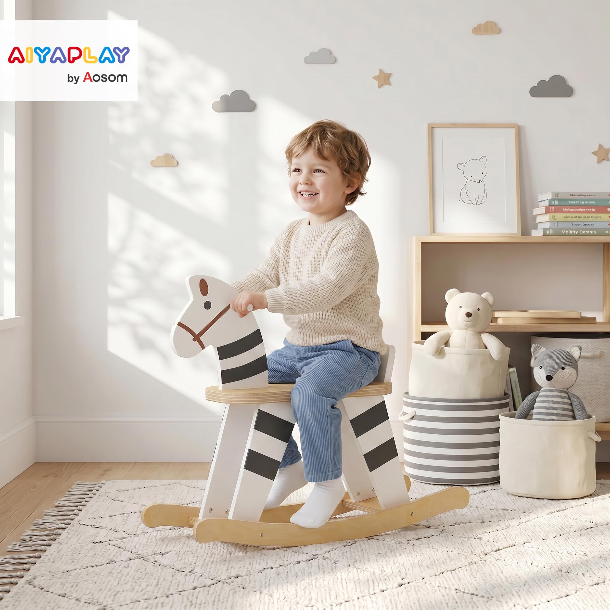 AIYAPLAY Cavallo a Dondolo per Bambini 1.5-3 Anni 68x26x53 cm Multicolore
