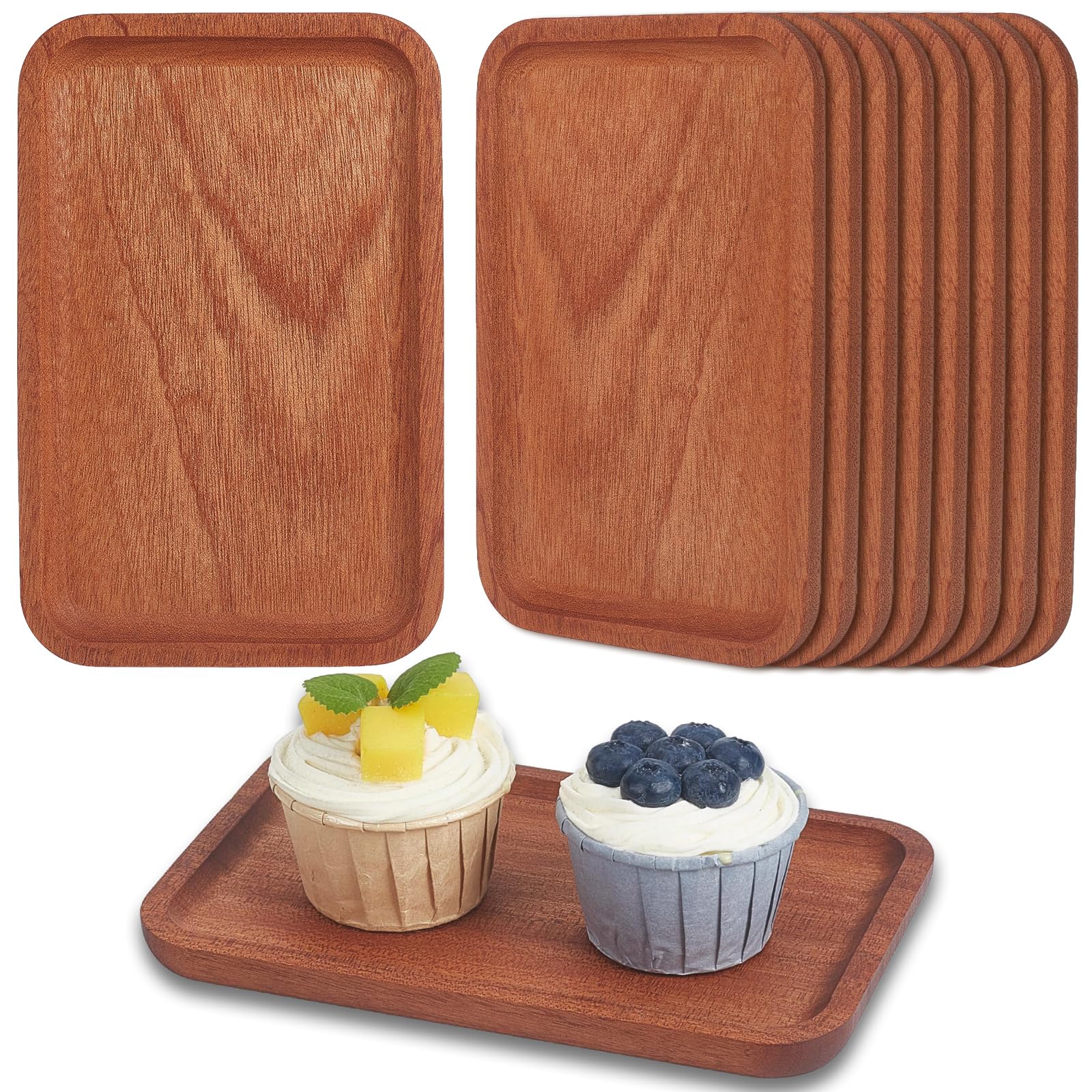 8 bandejas y bandejas de madera maciza, bandeja rectangular para servir con borde, bandeja de madera de 20,2 x 13,1 x 1,4 cm, tabla de charcutería, plato de queso para queso y frutas