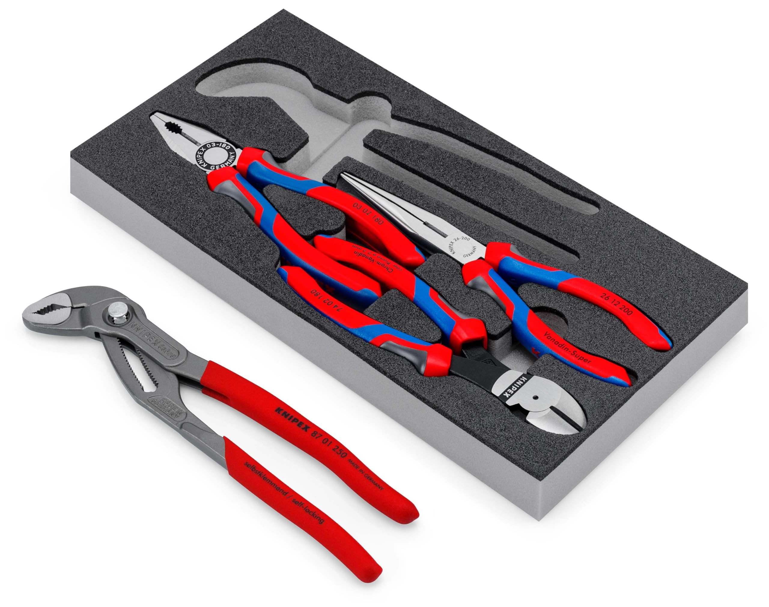 KNIPEX Zangen-Set, 4-teilig, in Schaumstoffeinlage für Werkbank/Werkstattwagen, 335 x 33 x 165 mm, Zangenset, Werkzeugset, 00 20 01 V15