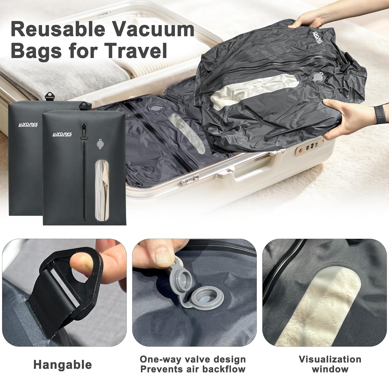 MYDAYS Vacuum Bag for Travel, Professional IPX8 Waterproof Reusable Vacuum Compression Bags for Travel Suitcases, Durable Space Saver Bag(2 PACK,With Pump)