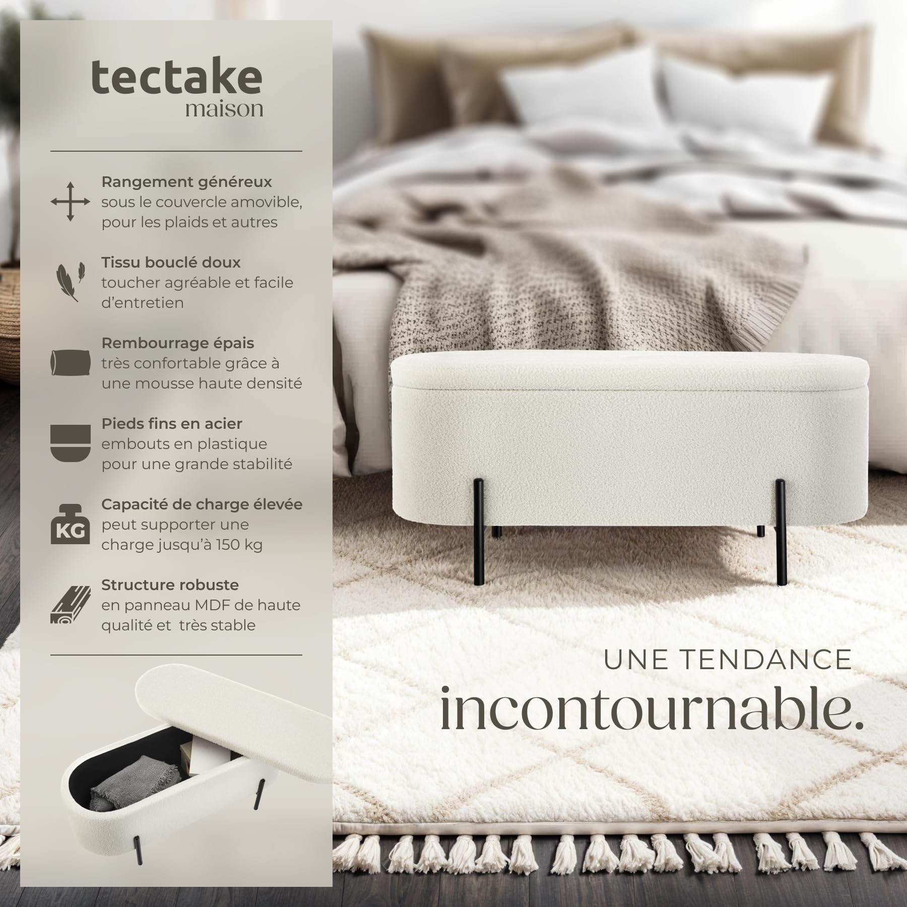tectake® Banc de Rangement Bout de lit Coffre Bouclette Banc Entree Pouf Chambre Dressing Chambre Adulte Repose Pied Tabouret Coiffeuse Meuble Salon Maison Cosy Coffre a Jouet Meuble Rangement Enfant