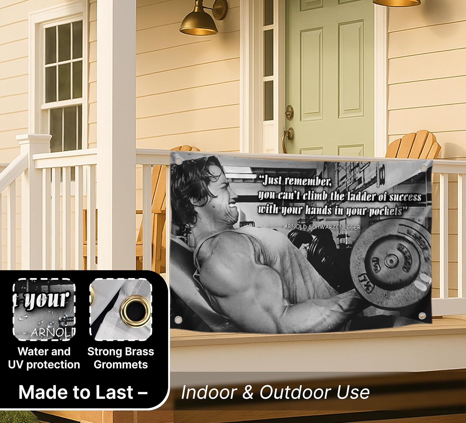 3x5 Ft Schwarzenegger Polyester Flags - Just Remember You Cant Climb The Ladder Of Success with Your Hands in Your Pockets Single Sided Flag with 4 Grommets - Arnold Funny Gym Motiv Poster and Fitness - Image 4