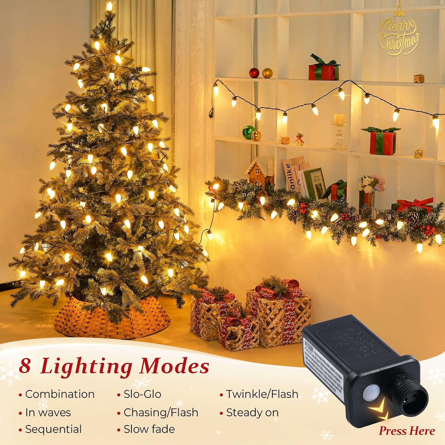 JMEXSUSS 100 LED C9 Christmas Lights Outdoor: 66 FT 8 Modes Plug in Connectable C9 Warm White Christmas Lights for Tree Roof Eaves Garden Decor