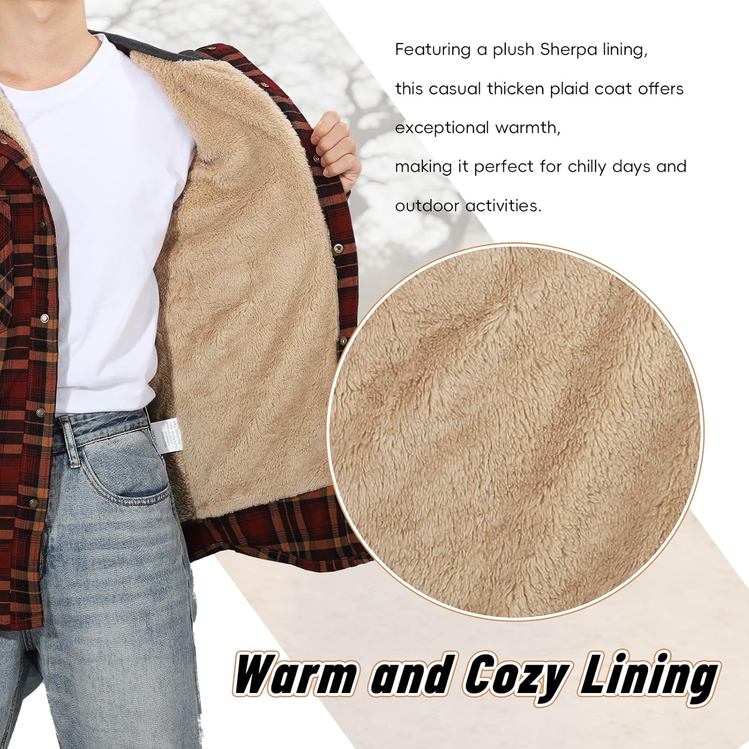 KUANG! Men's Flannel Jacket Loose Plaid Sherpa Lined Flannel Shirt Snap Button Warm Winter Jackets with Hood - Image 5