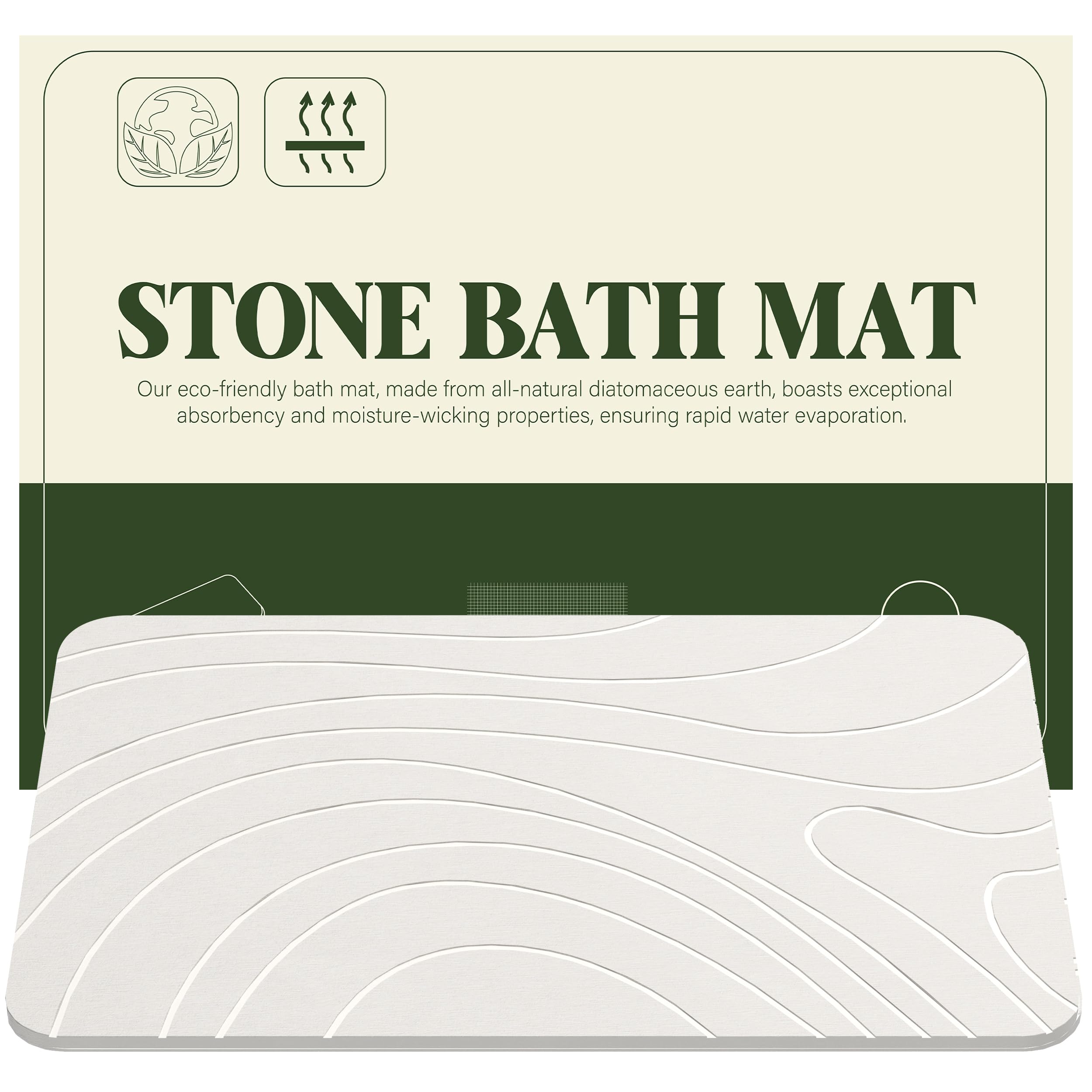 Stone Bath Mat for Bathroom, Diatomite Stone Bath Shower Mat, Stone Dish Drying Mat for Kitchen Counter, Non Slip Quick Drying Diatomaceous Earth Bathmat, 23" x 15", White (Line Style)