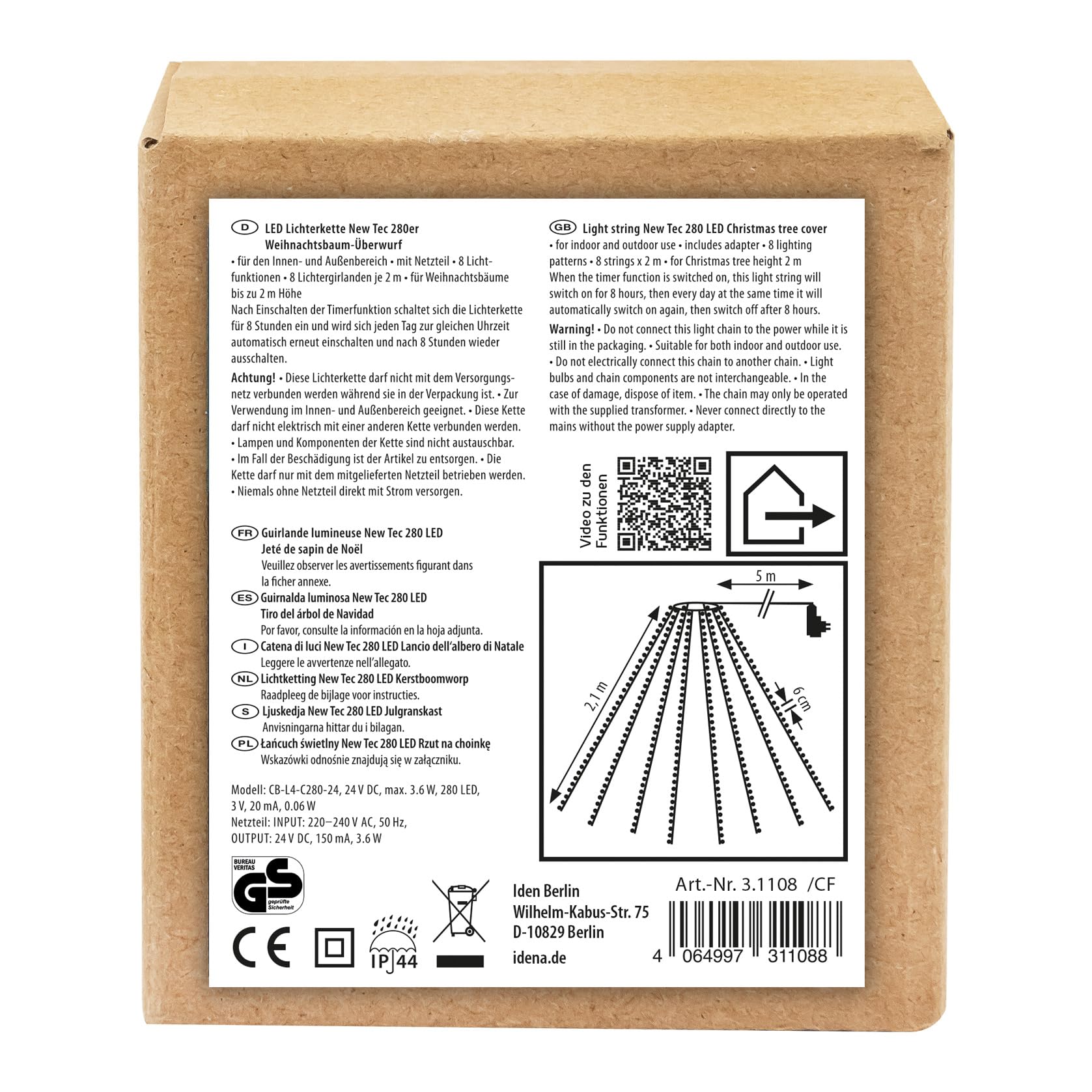 Idena 31108 - NewTec Lampki LED do wnętrz i na zewnątrz z 280 diodami LED w kolorze ciepłej bieli, choinka z 8 sznurkami, 8 ustawień światła, zasilacz i funkcja timera 8 godzin
