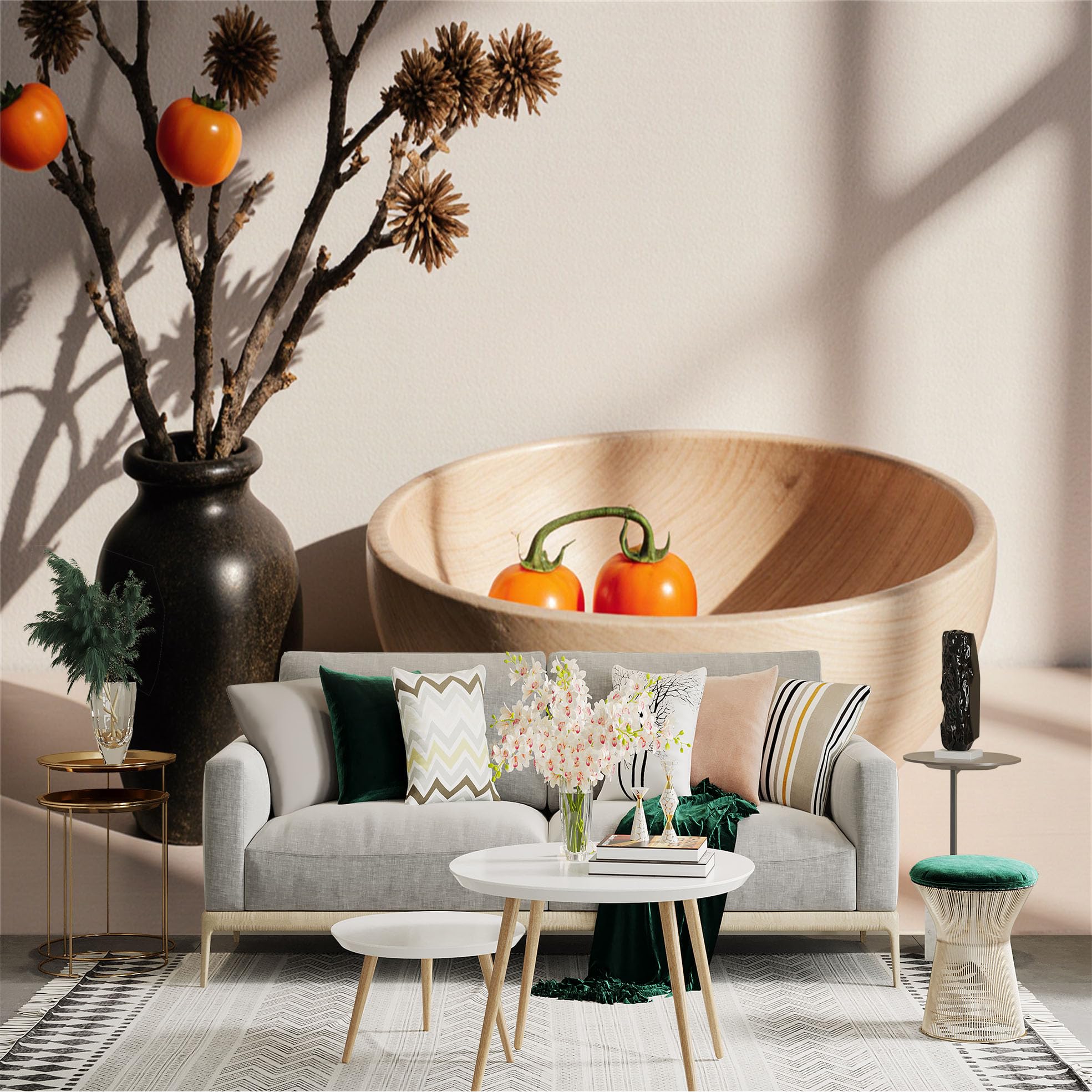 Custom Size Wall Sticker Mural， Minimalist Still Life， Fresh Tomatoes in Wooden Bowl， Artistic Vase with Branches， for wall Decoration， peelandstick wall Decals.