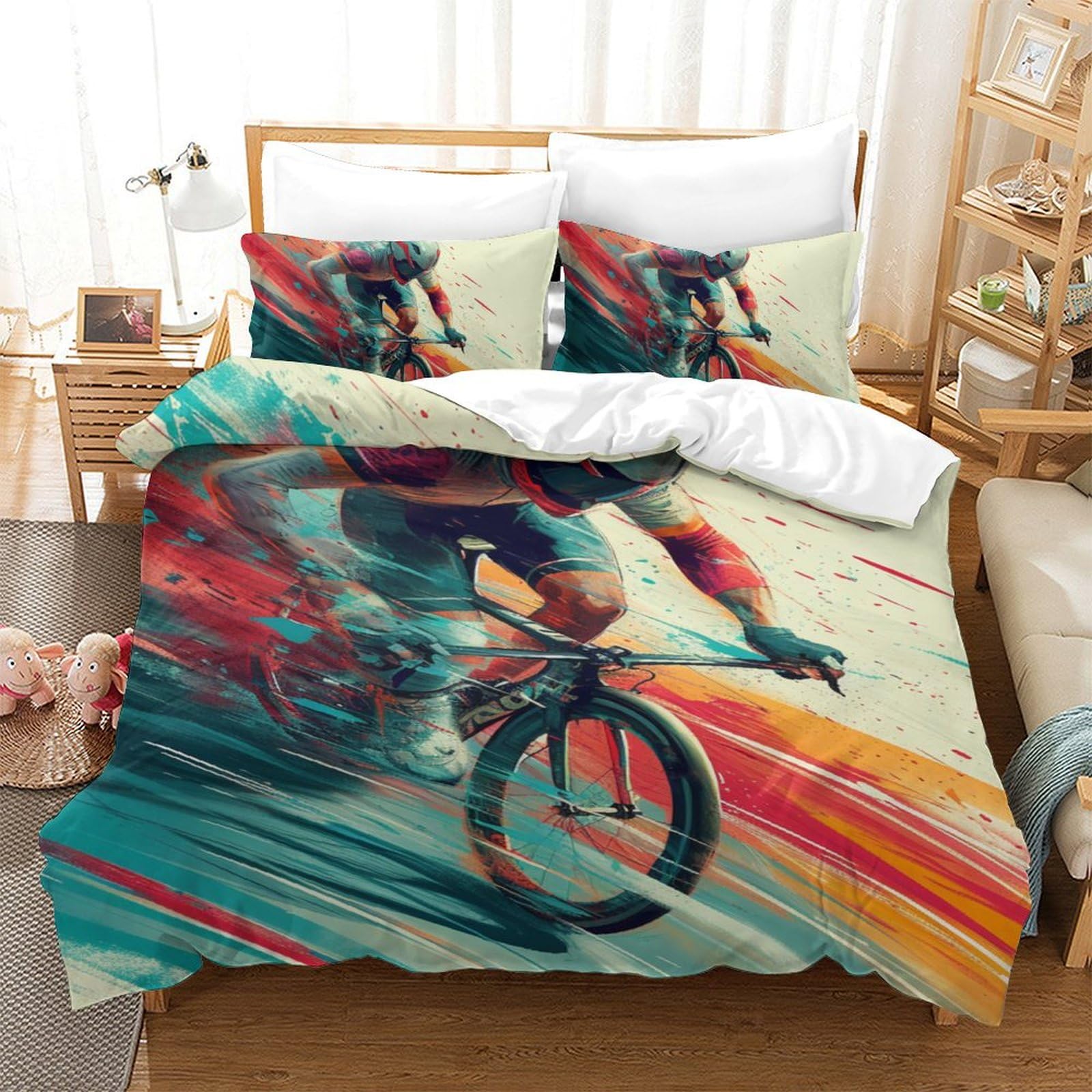 Set De Housse De Couette 3 Pièces Vélo VTT Lit Simple Microfibre Respirante