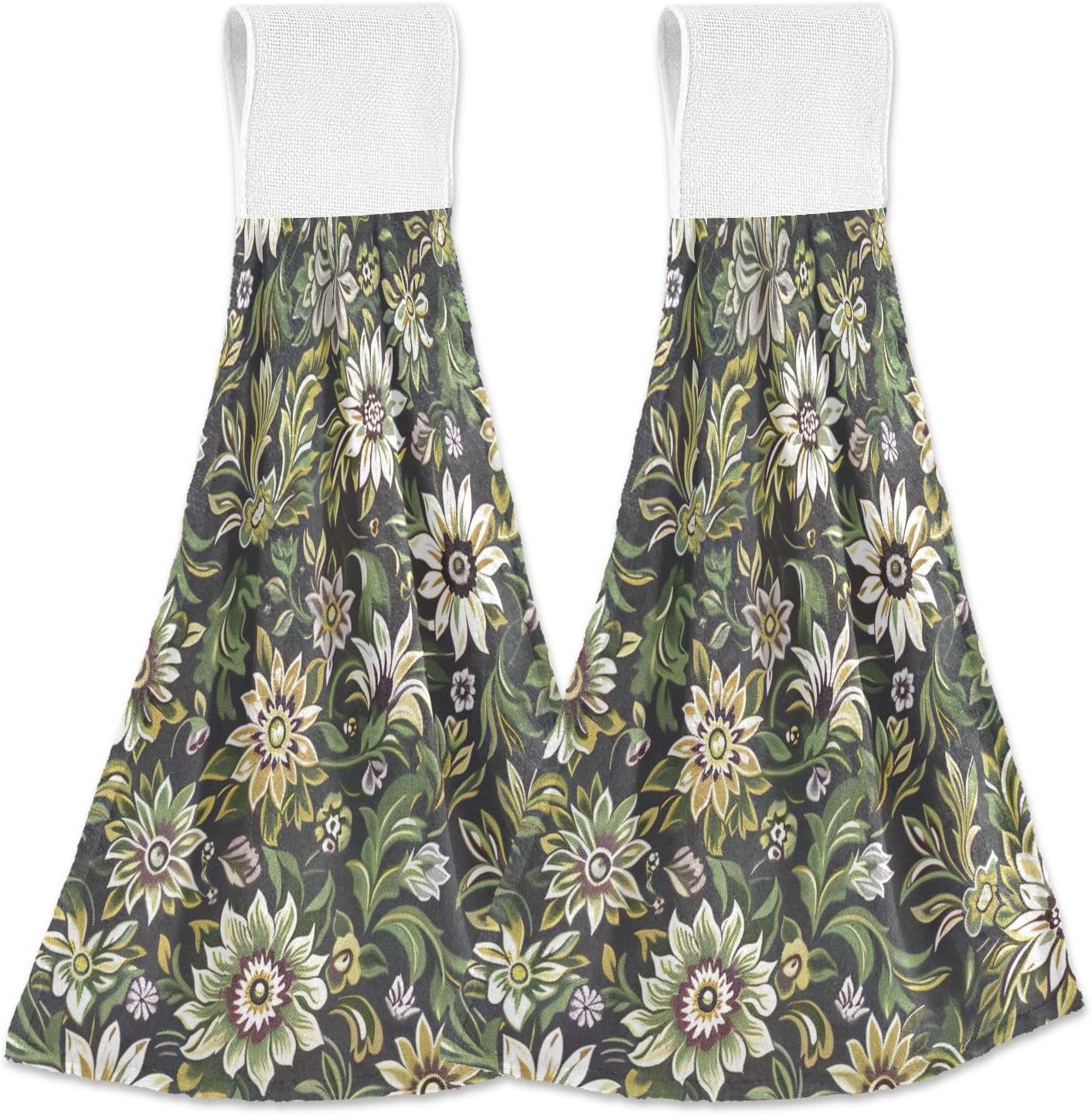 Olive Green Floral Hanging Kitchen Towels, 2PCS Hand Towels for Kitchen Bathroom with Hanging Loop, Absorbent Soft, Fast Drying Hang Towels
