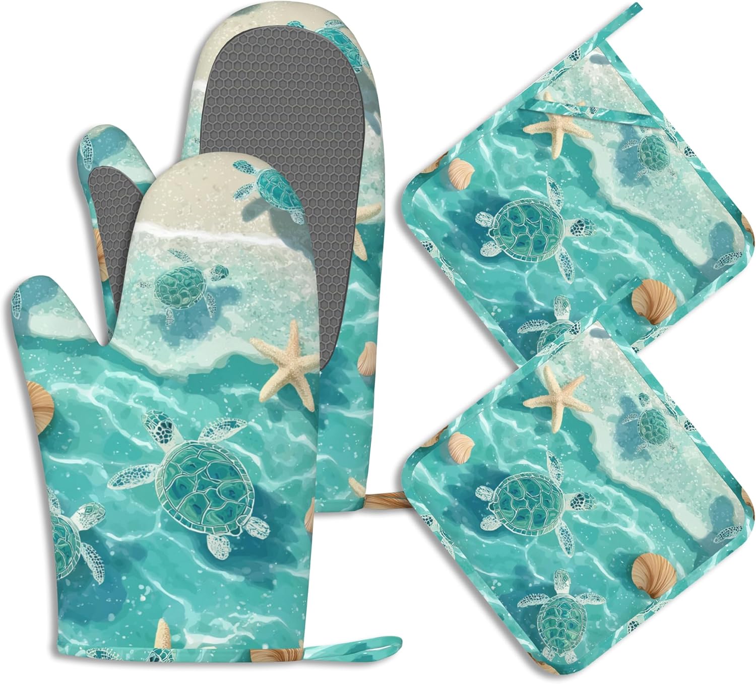 Beach Starfish Sea Turtle Oven Mitts and Pot Holders Sets of 4 Coastal Shell Heat Resistant Silicone Oven Mits Gloves Non-Slip Kitchen Mittens Potholders for Cooking Baking Grilling BBQ