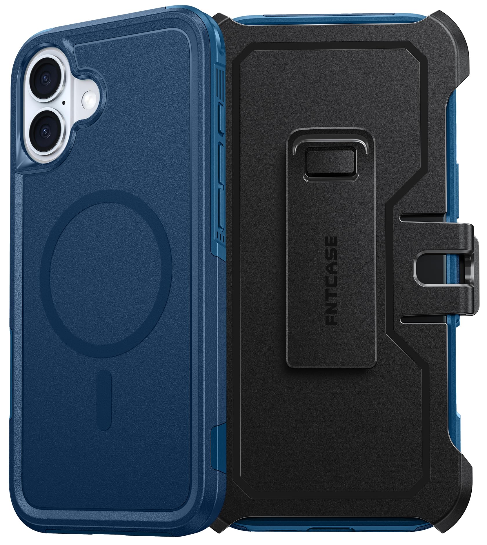 FNTCASE for iPhone 16 Plus Case: Magnetic Dual Layer Shockproof Protective Cell Phone Cover with Belt-Clip Holster | Heavy Duty Military Grade Drop Protection Non Slip Textured Phonecase Blue