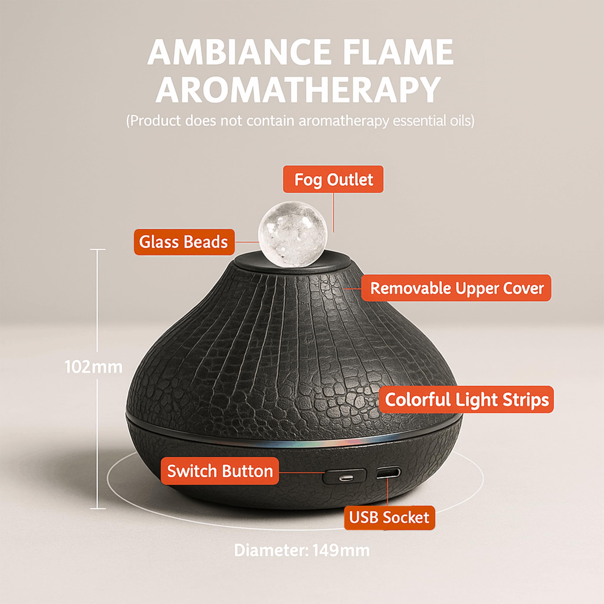 ALMA® Diffusore e Umidificatore di Oli Essenziali con Effetto Fiamma – 7 Colori LED, Funzionamento Ultra Silenzioso e Spegnimento Automatico – Perfetto per Casa, Camera da Letto, Yoga e Ufficio