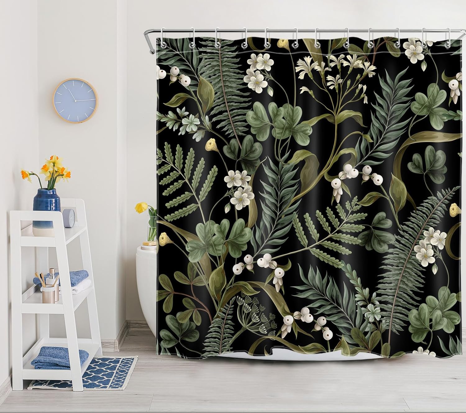 HVEST Wildflower Leaf Shower Curtain, White Flowers and Sage Green Leaves on Black Background Shower Curtain with Hooks, Nature Plant Polyester Fabric Bath Decor Accessories, 78L x 72W Inches