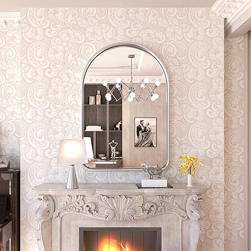 Miniatura 2 de TokeShimi Espejo de baño arqueado de plata cepillada de 26x38 pulgadas con aleación de aluminio antioxidante con marco mate para tocador, casa de