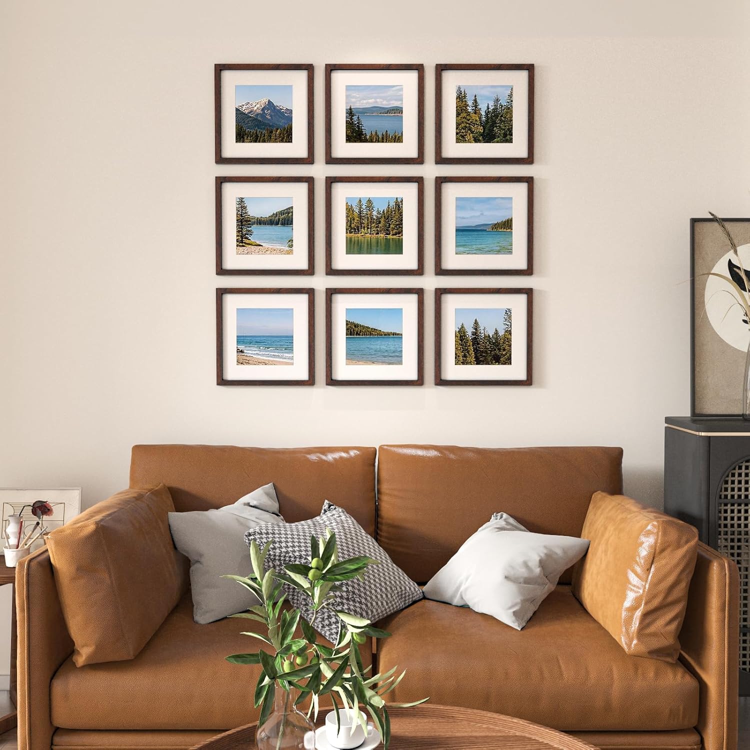 KINLINK 12x12 Frame Set of 9, Wooden 12 by 12 Square Picture Frames with Plexiglass for Picture 8x8 with Mat or 12x12 without Mat Art Collage for Wall Gallery and Tabletop Display, 12 x 12 Frame Brown