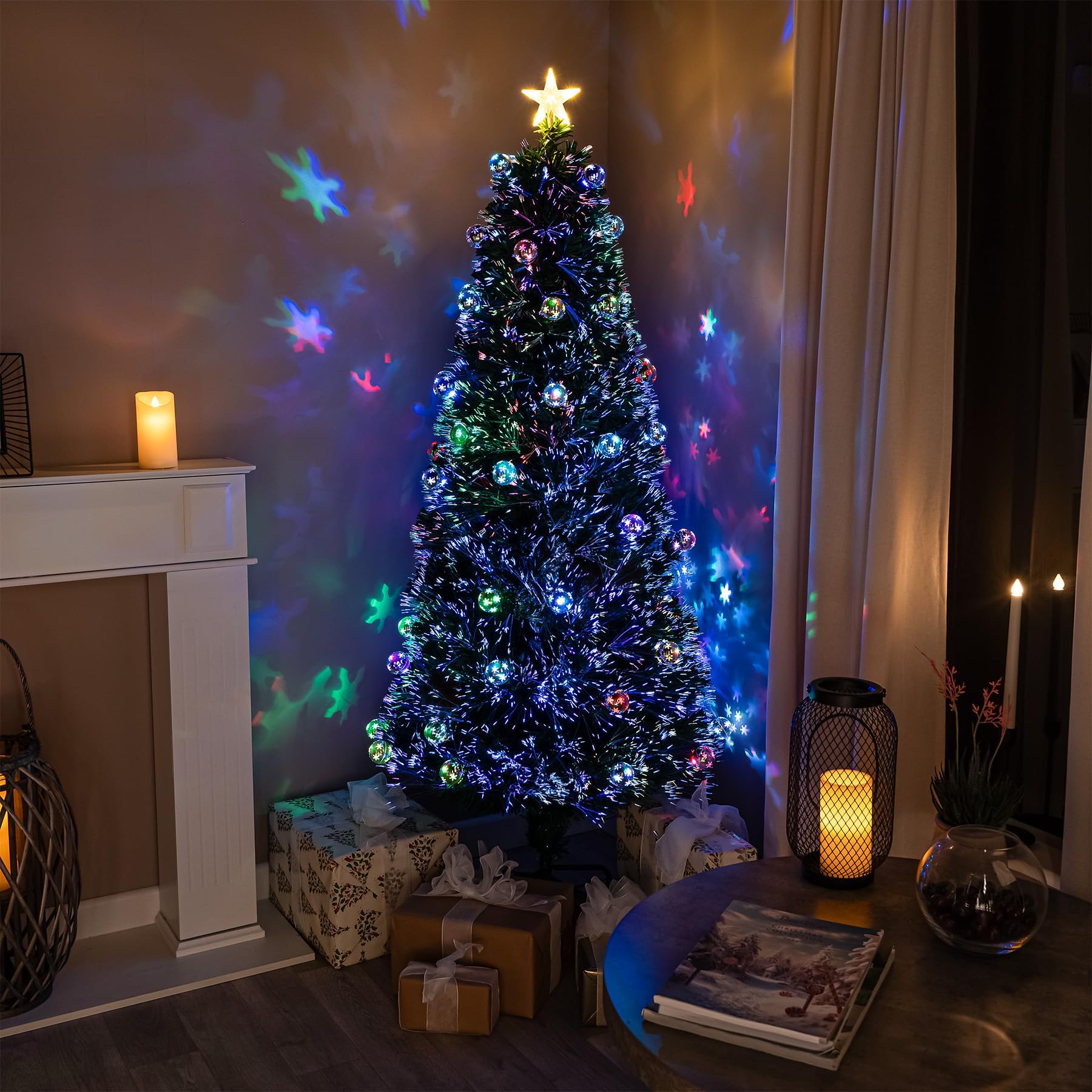6ft Green Fibre Optic Tree with Multicoloured LED's and Fibres and Baubles
