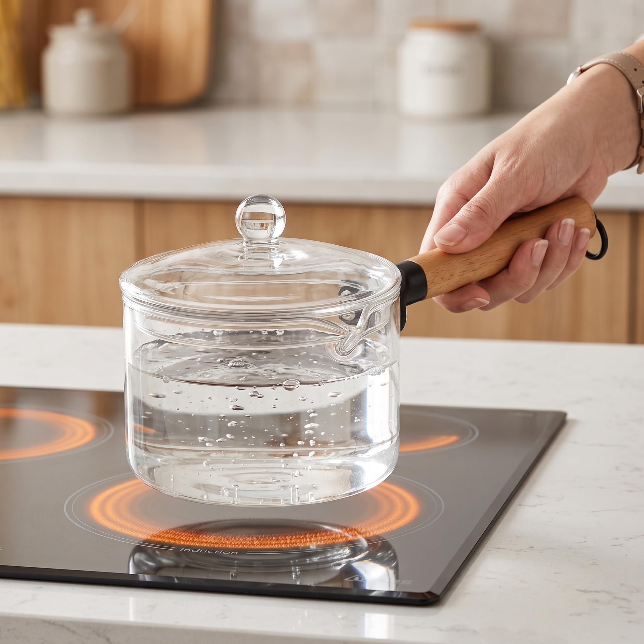 Cacerola de cristal de 1900 ml con mango de madera transparente y tapa para leche