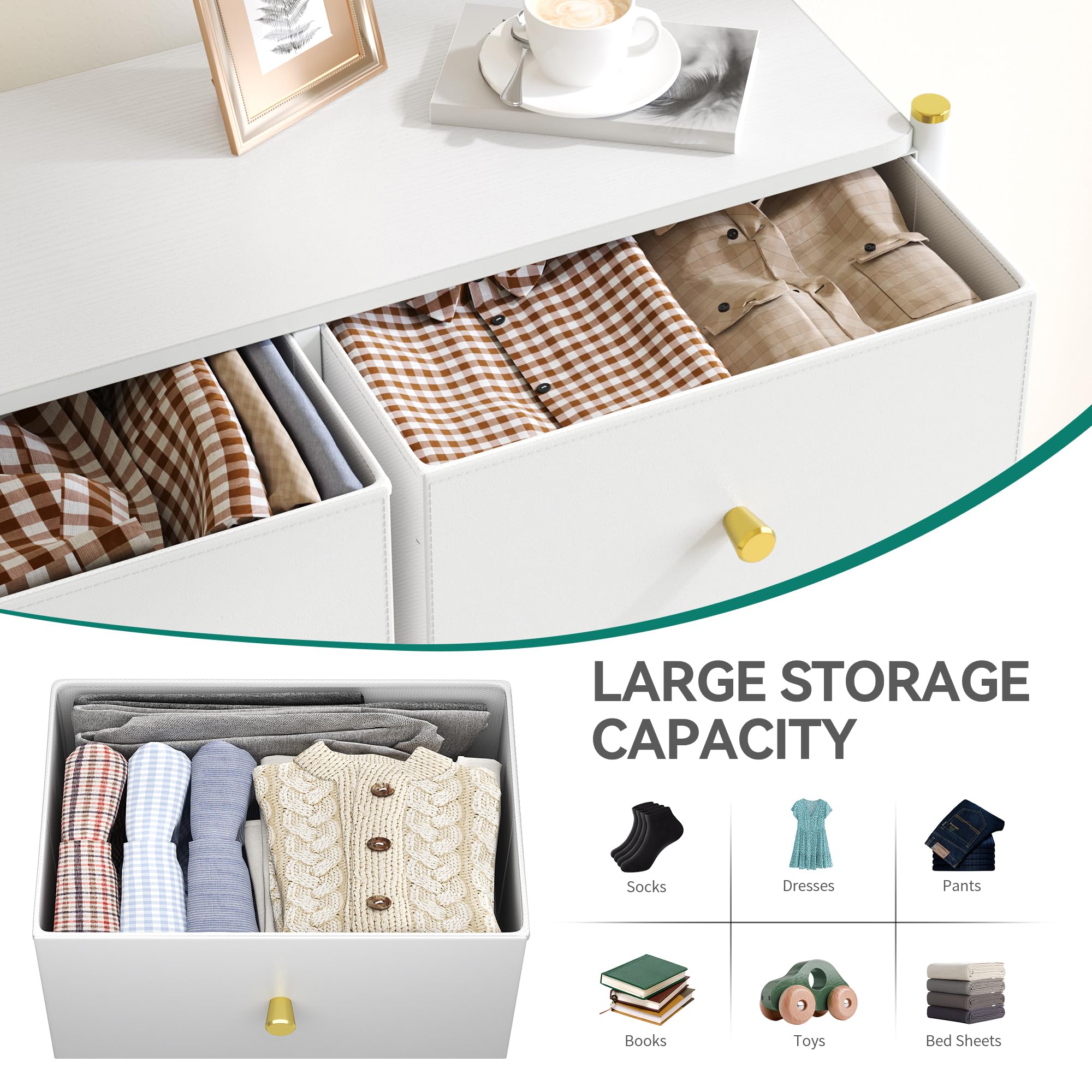 YITAHOME Cajonera para Armario, Cuero PU, Cómoda Dormitorio 8 Cajones, Cajones de Tela con Parte de Madera, Cajas organizadoras para armarios, Dormitorio, Pasillo, Blanco