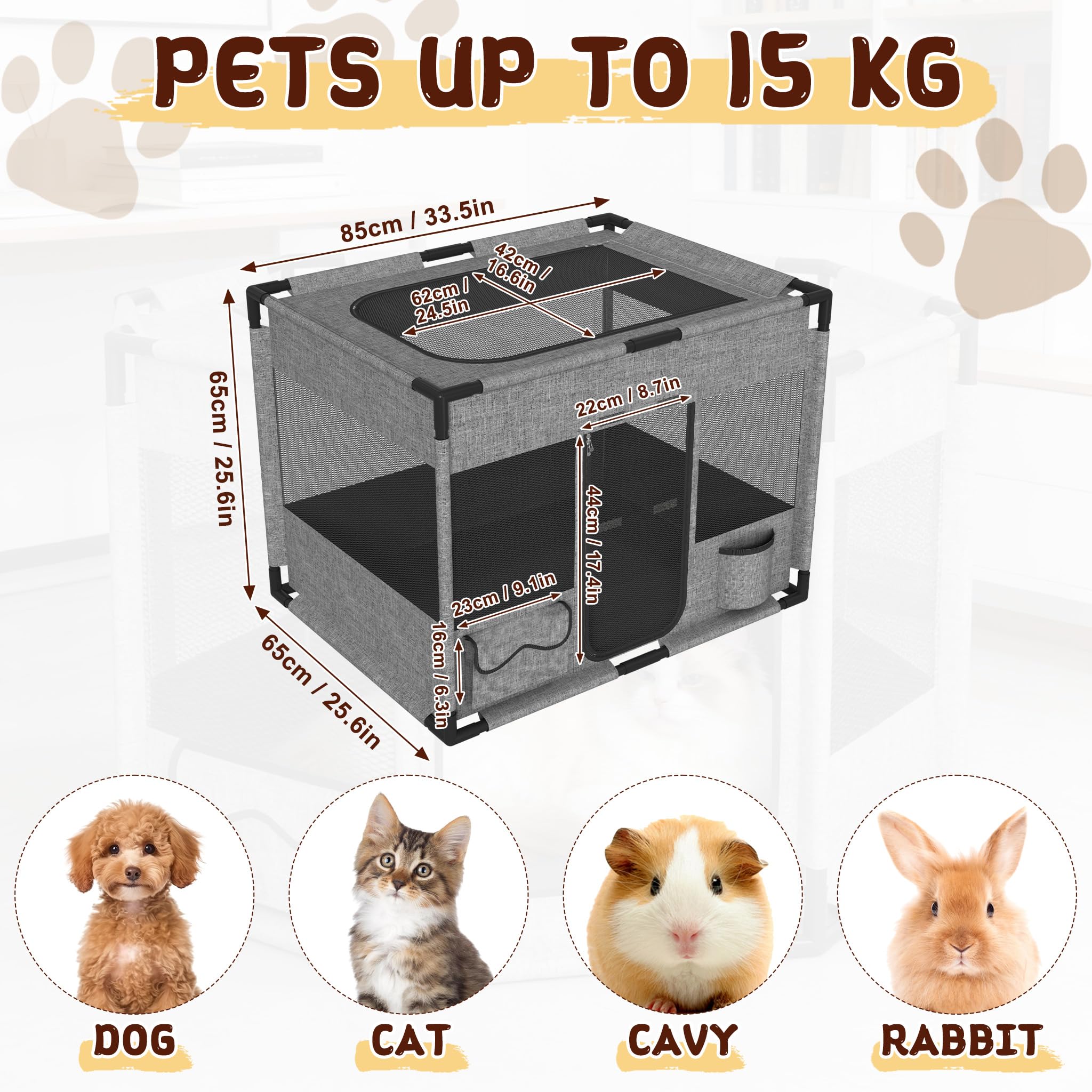 UISEBRT Caño para cachorros de tejido Oxford, red transpirable con cremallera y bolsillo lateral, parque infantil interior para perros y gatos, 85 x 65 x 64,5 cm, rectángulo