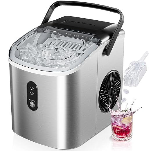 EUHOMY Countertop Ice Maker Machine with Handle, 26.5lbs Per Day, 9 Cubes in 6 Mins, Auto-Cleaning Portable Ice Maker with Basket and Scoop, for Home/Kitchen/Camping/RV (Silver)