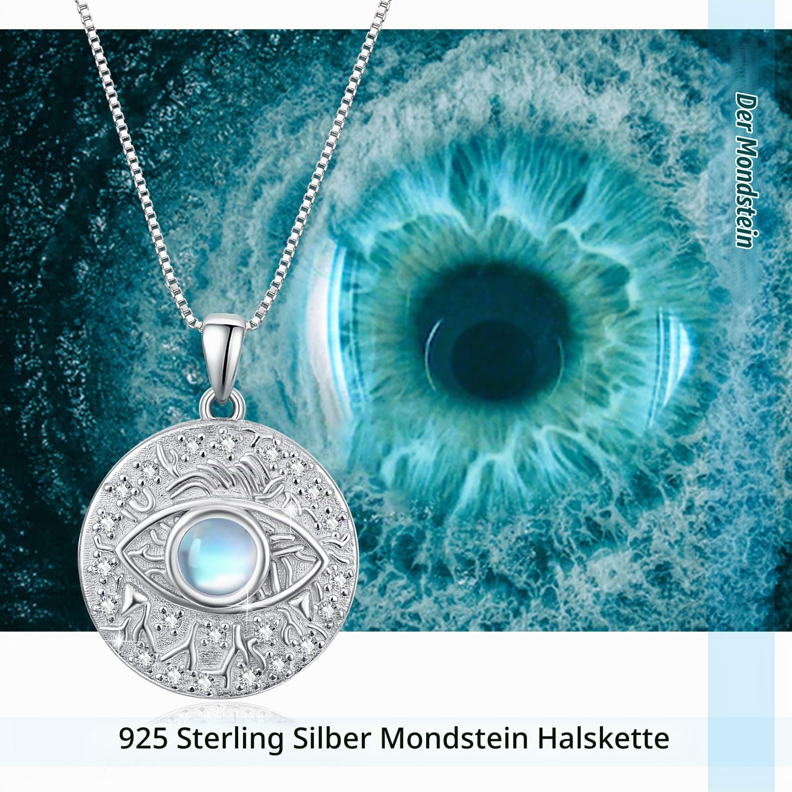Evil Eye Mondstein/Opal/Zirkonia Halskette 925 Sterling Silber Auge des Horus Halskette Blau Opal Evil Eye Anhänger Schmuck Geschenke für Damen Mädchen Frauen Freunde