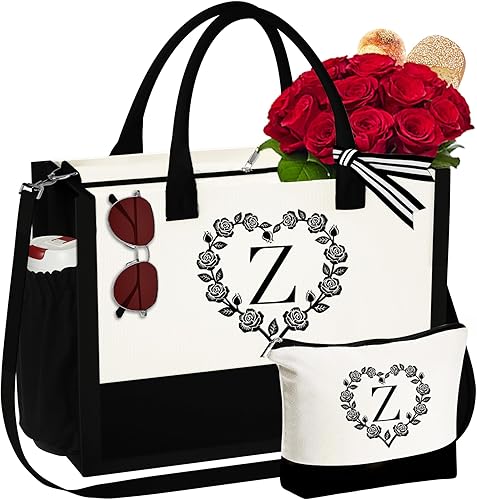 YOOLIFE Regalos para mujeres, regalos para el día de la madre, bolsa de lona con inicial, bolsa de playa y bolsa de maquillaje, regalos de