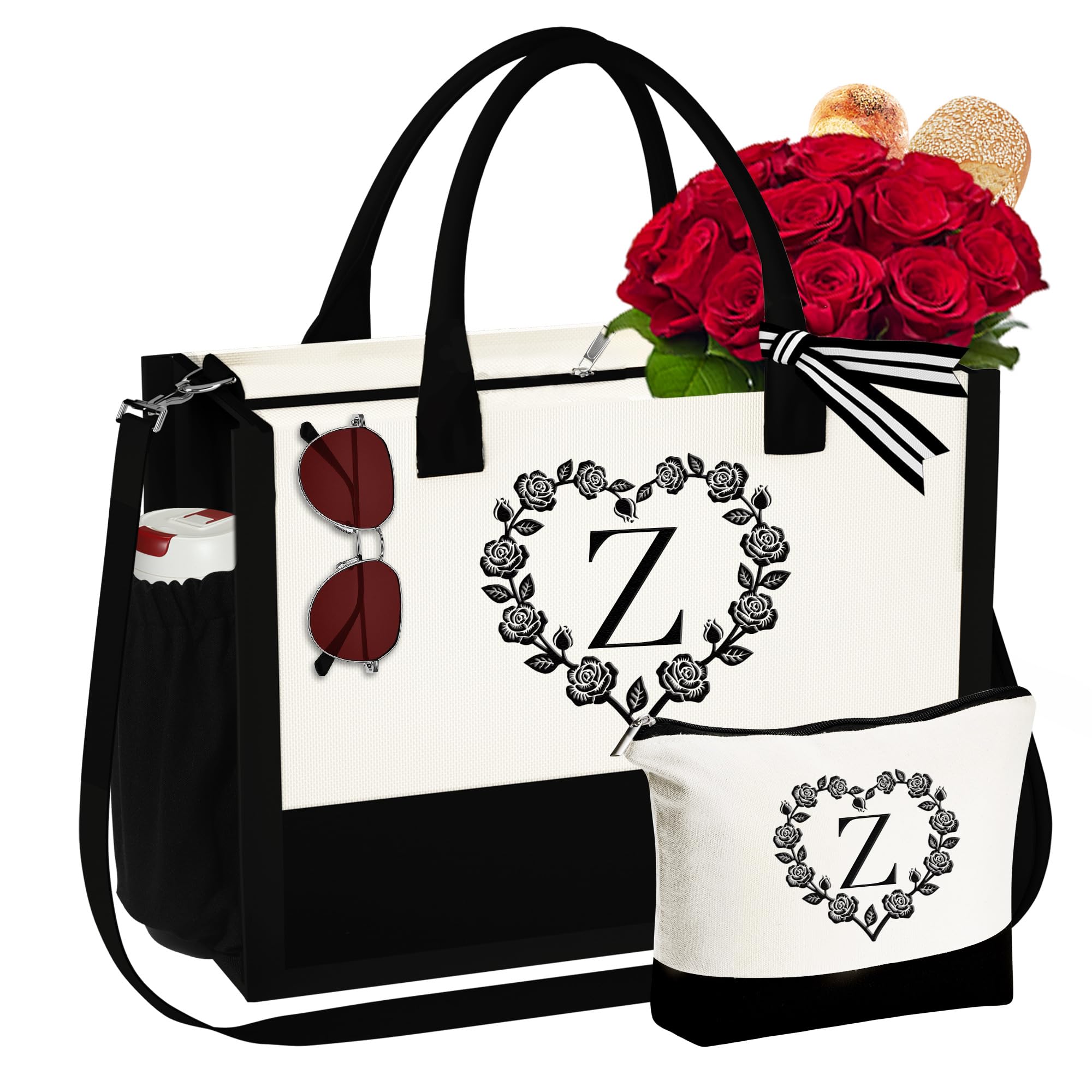 YOOLIFE Initial Canvas Tote Bag for Women Makeup Bag Travel Essentials Beach Bag Birthday Bridesmaids Gifts for Women Mom