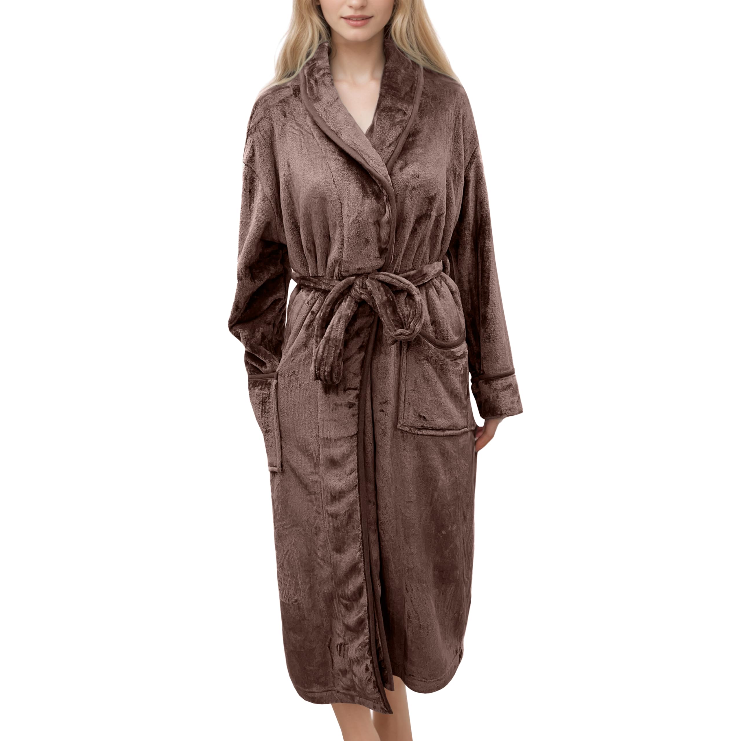 Elegant Comfort Luxurious Womens Spa Plush Fleece Bathrobe with Shawl Collar and Pockets - Velvet Soft Fluffy, Warm Long Robe