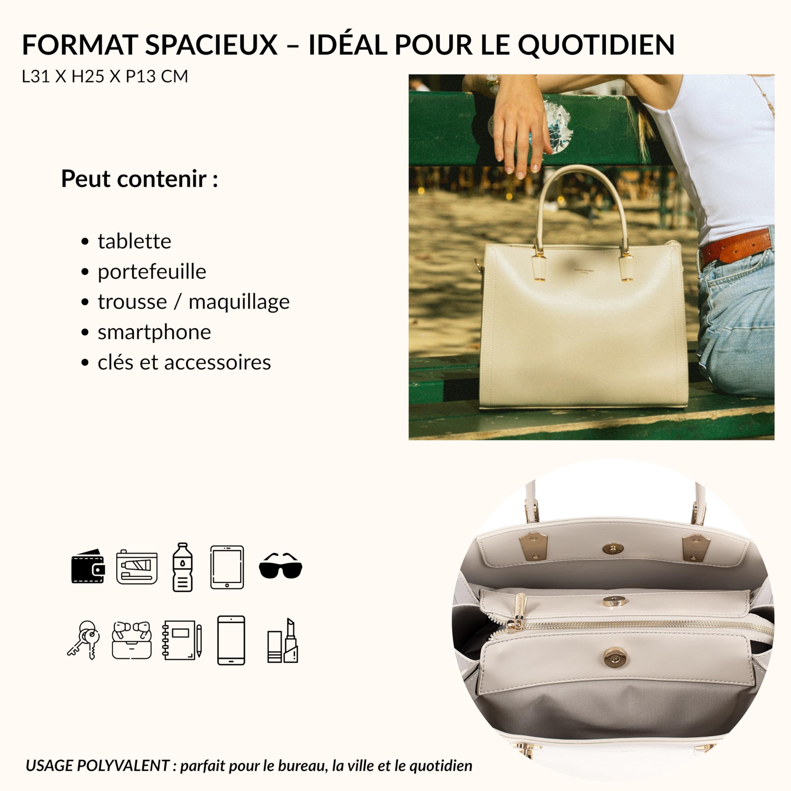 DAVID JONES Paris – Bolso de mano para mujer o ciudad, bolso de piel sintética talla grande, 3 compartimentos – Chic Elegante práctico