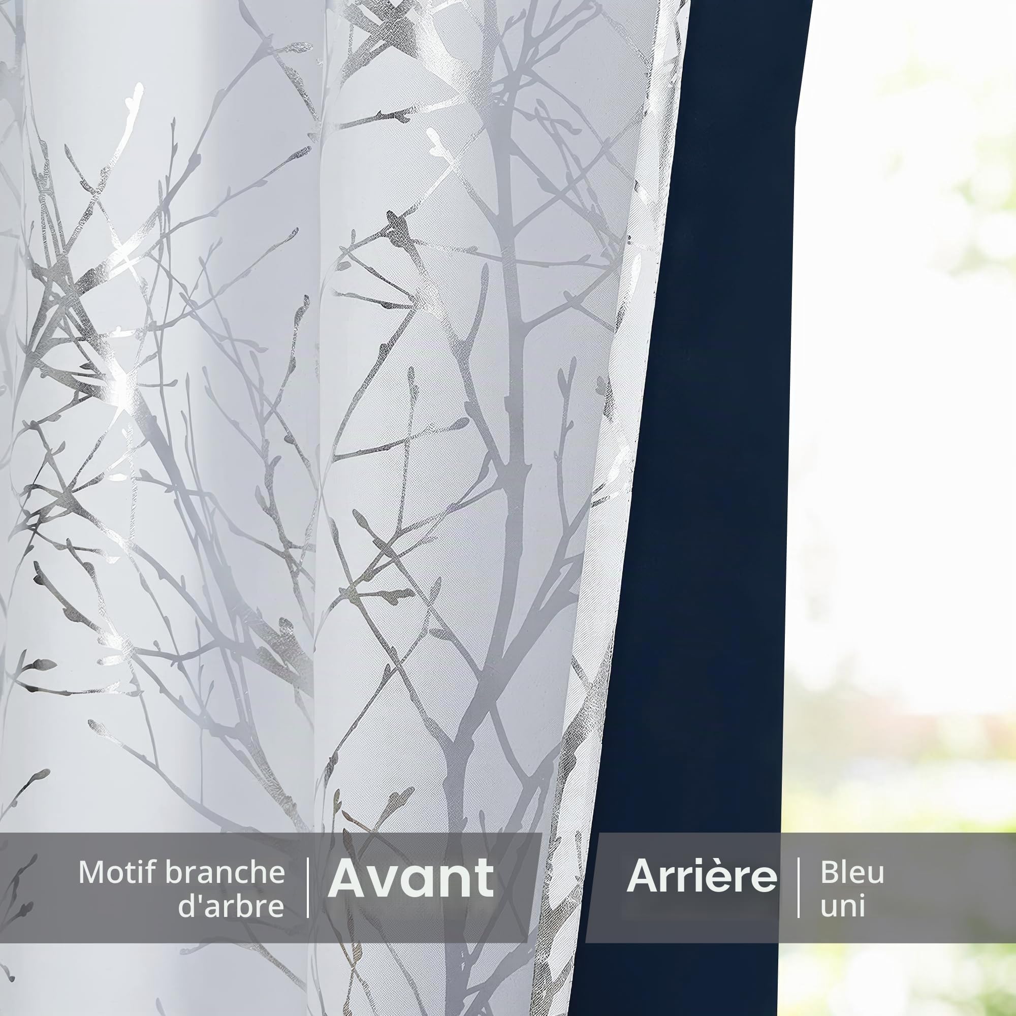 Fmfunctex Lot de 2 rideaux occultants blancs à motif de branche d'arbre argenté pour salon, chambre à coucher, chambre à coucher, rideaux de fenêtre occultants à isolation thermique avec œillets pour