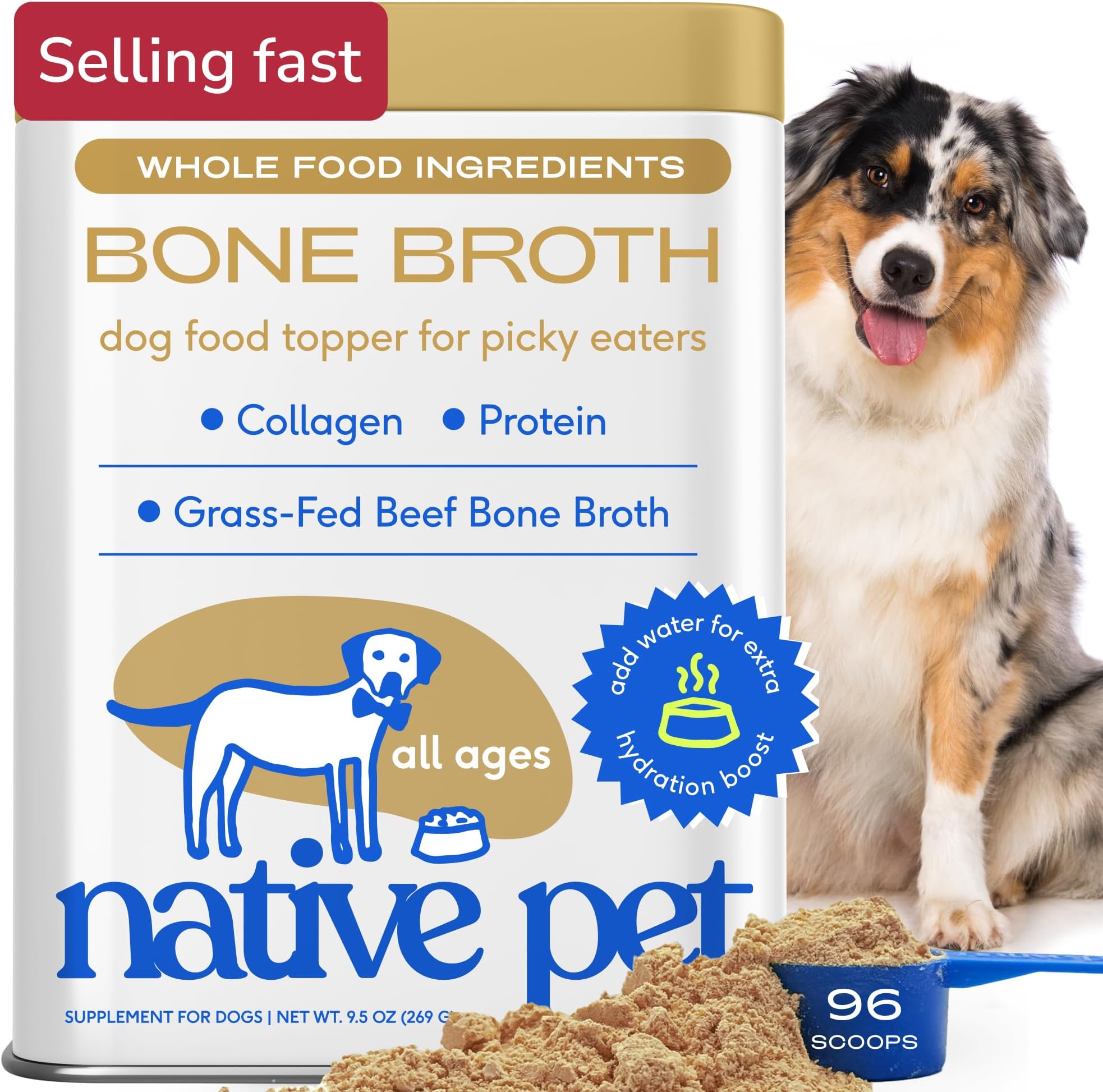 Native Pet Bone Broth for Dogs and Cats - Made with Real Beef Bone Broth, Dog Food Toppers for Picky Eaters - Provides Extra Hydration & Nutrition for Joint Strength, Immunity & Heart Health-96 Scoops